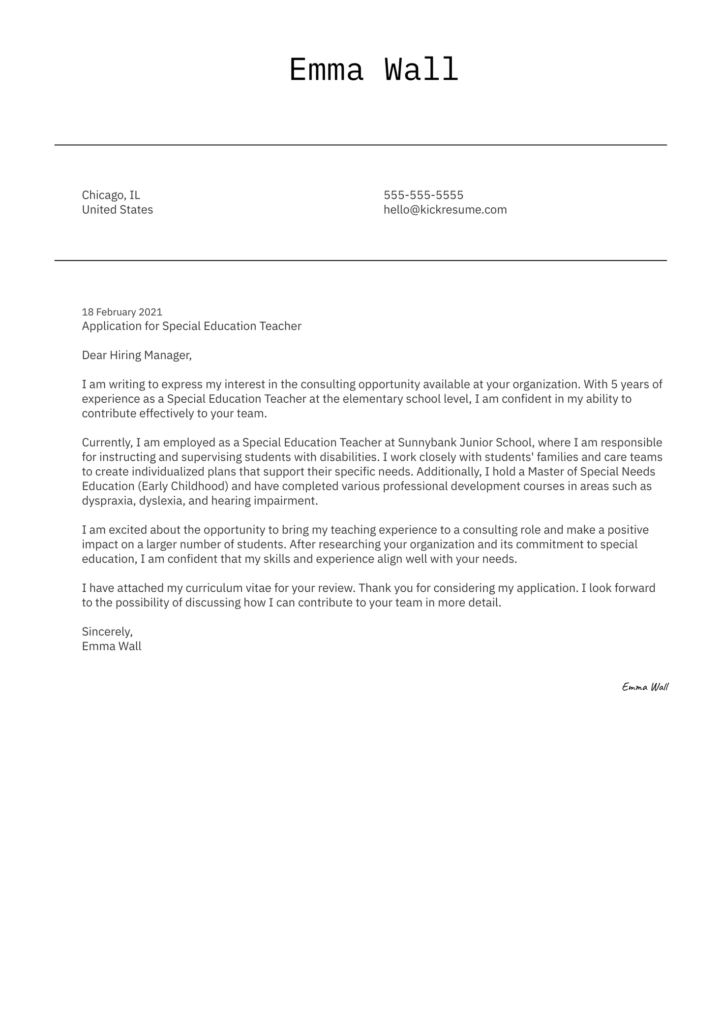 Special Education Teacher Cover Letter Template