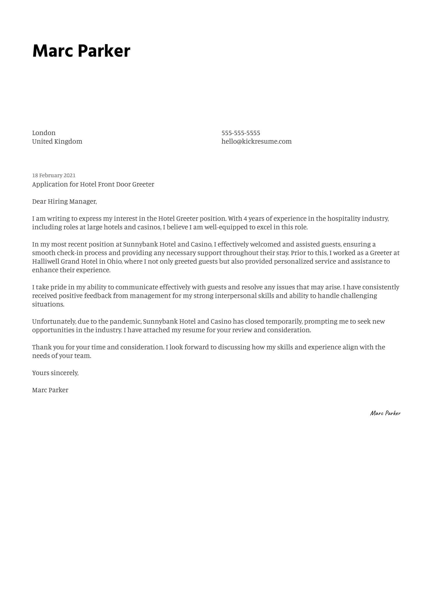 Hotel Front Door Greeter Cover Letter Template