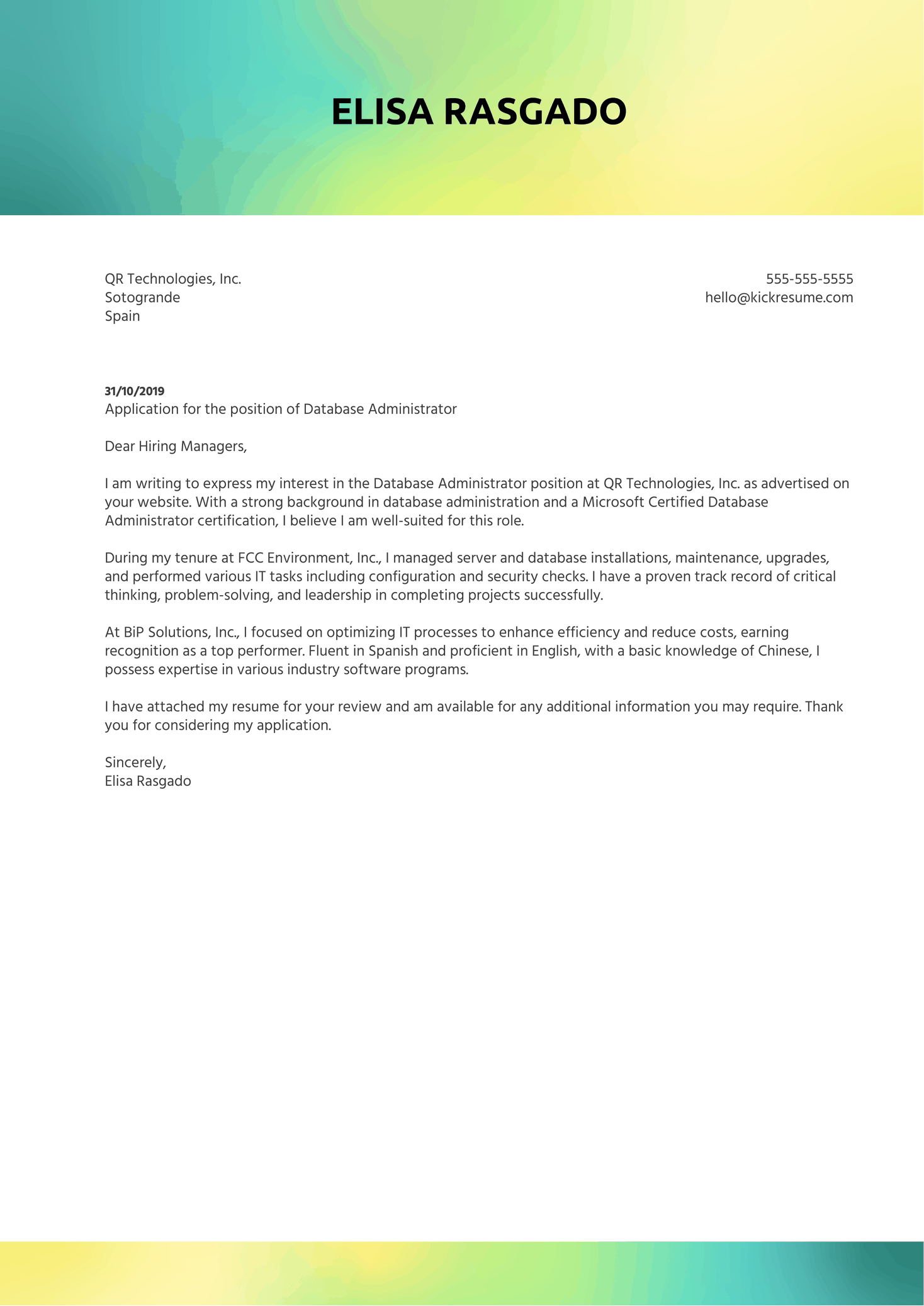 Database Administrator Cover Letter Sample