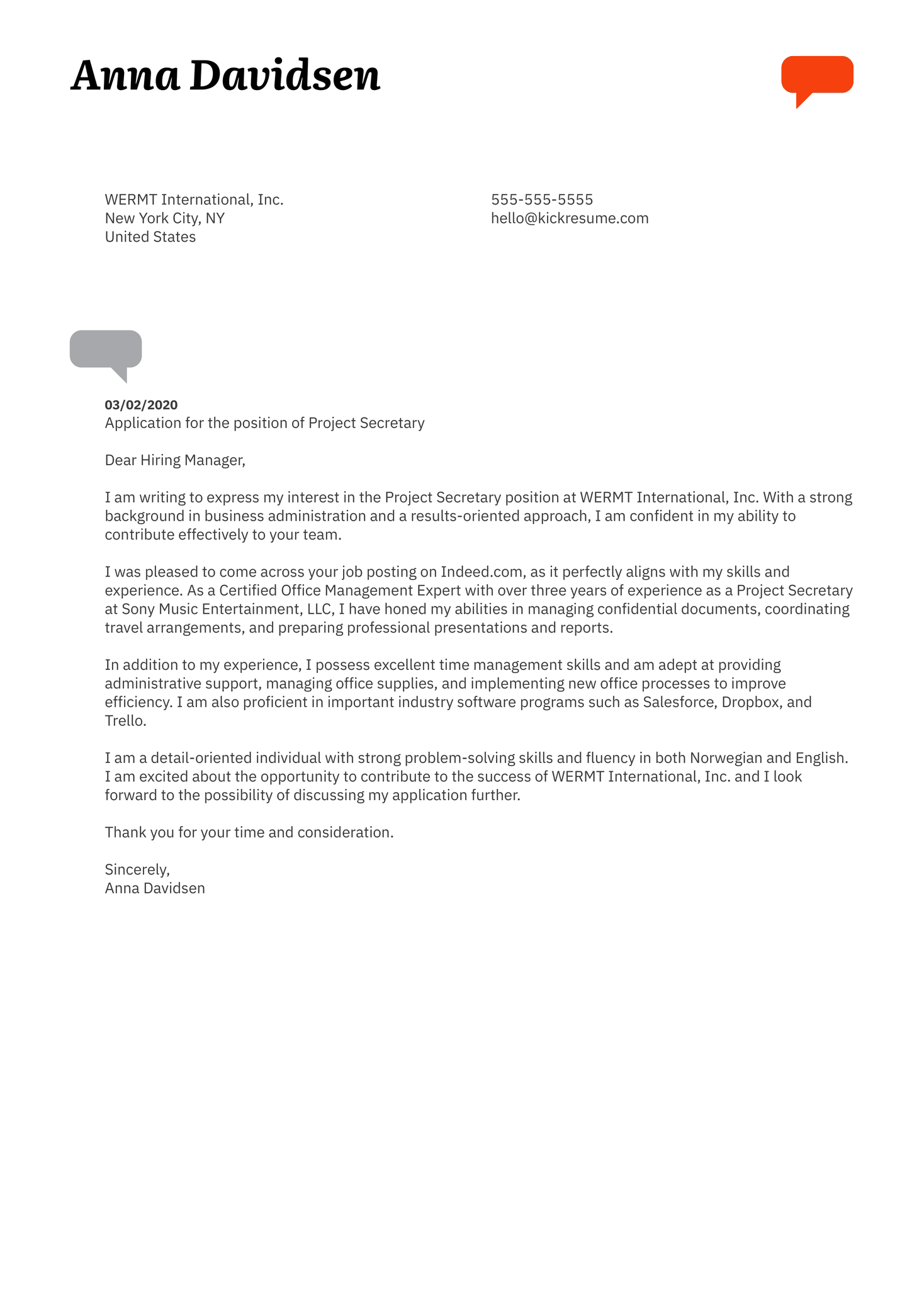 Project Secretary Cover Letter Example