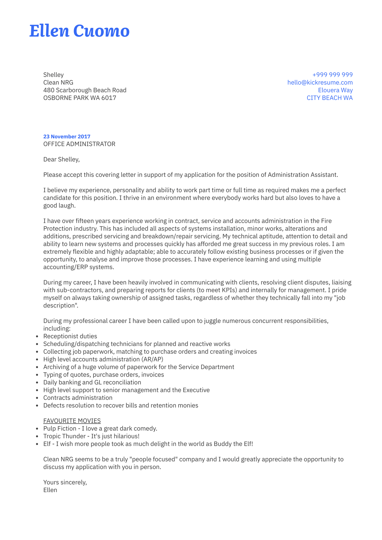 Service Administrator Cover Letter Sample