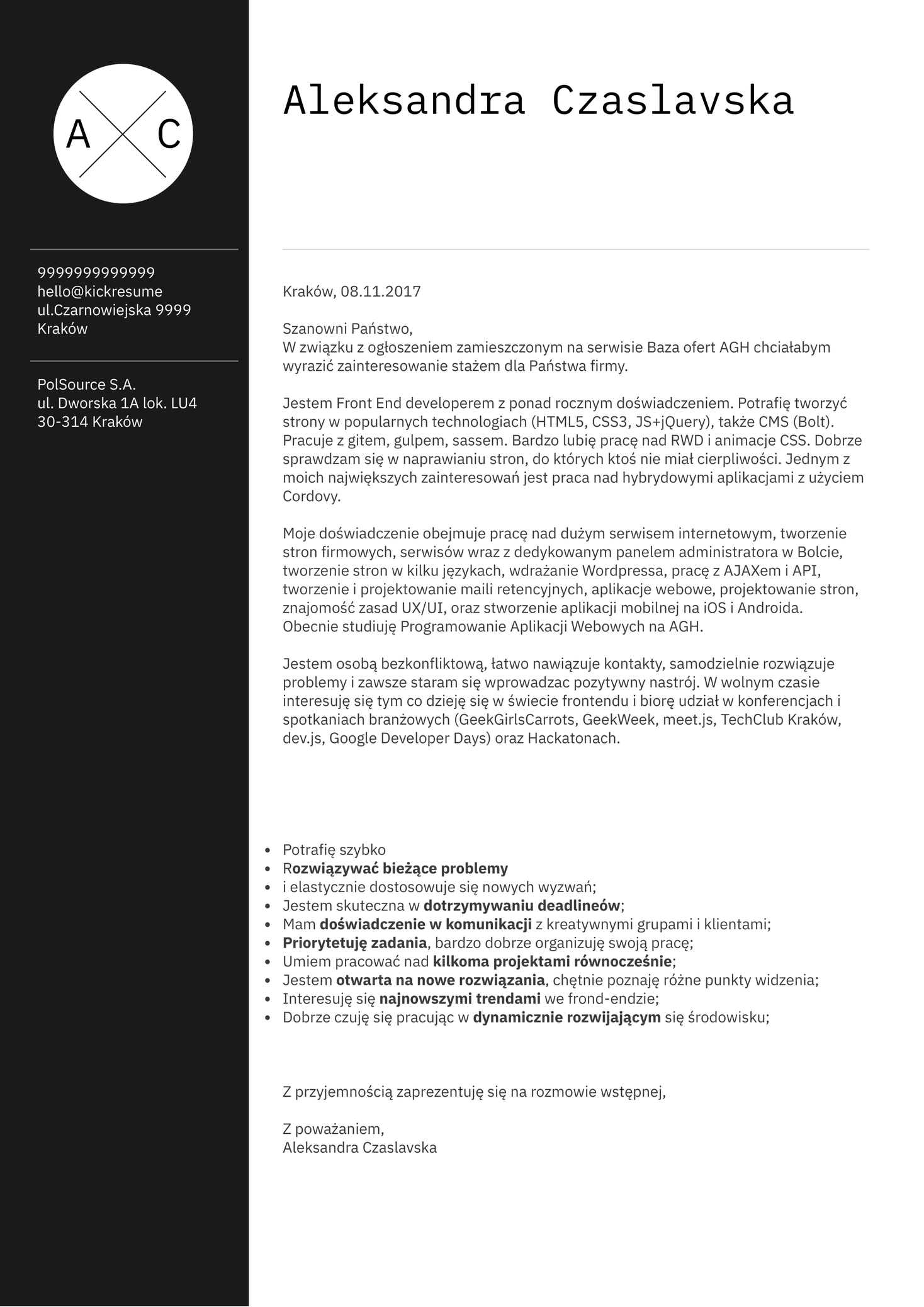 Front-end Developer Cover Letter Sample [PL]