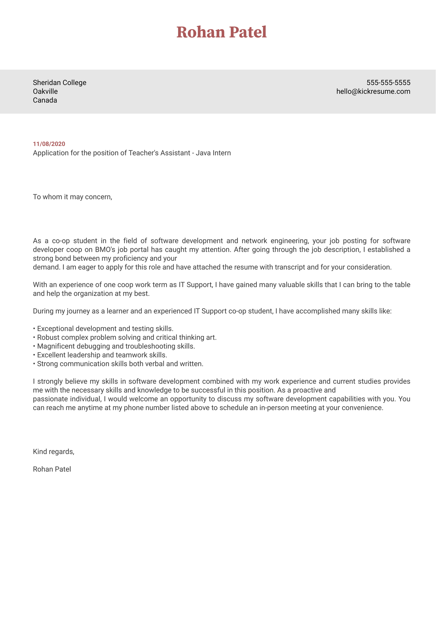 Sheridan College	Teacher's Assistant - Java Intern Cover Letter Example