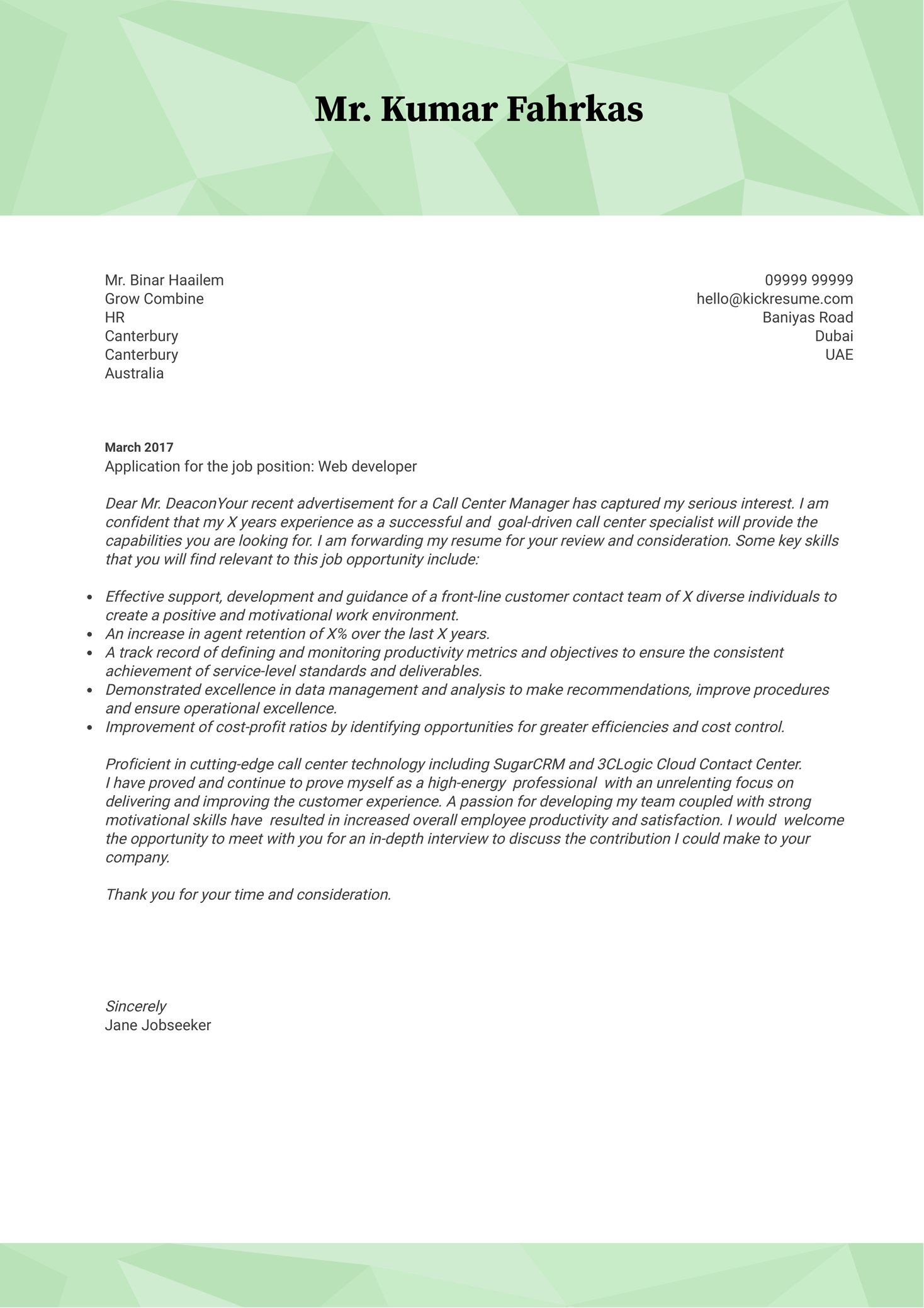 Souq Web Developer Cover Letter Sample