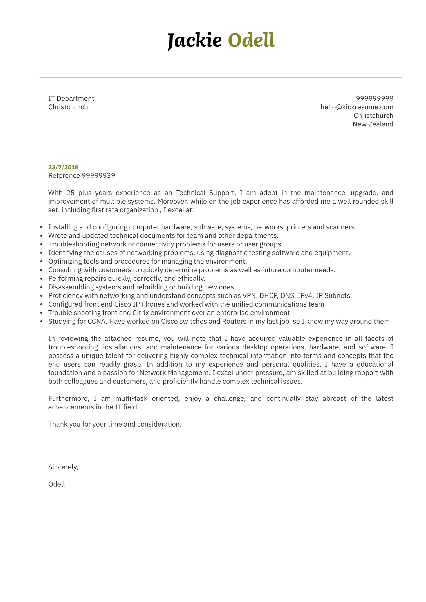 Sr. Technical Support Specialist Cover Letter