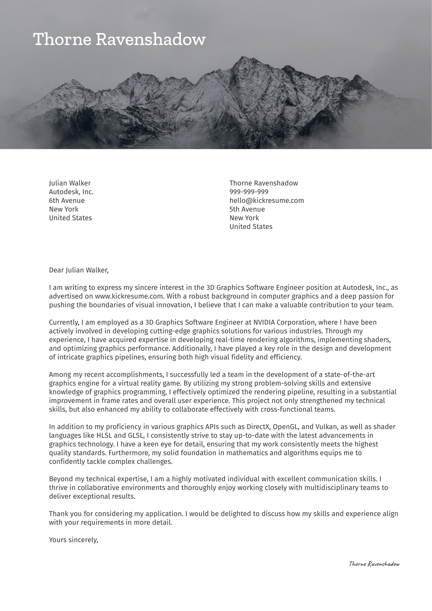 3D Graphics Software Engineer Cover Letter Sample