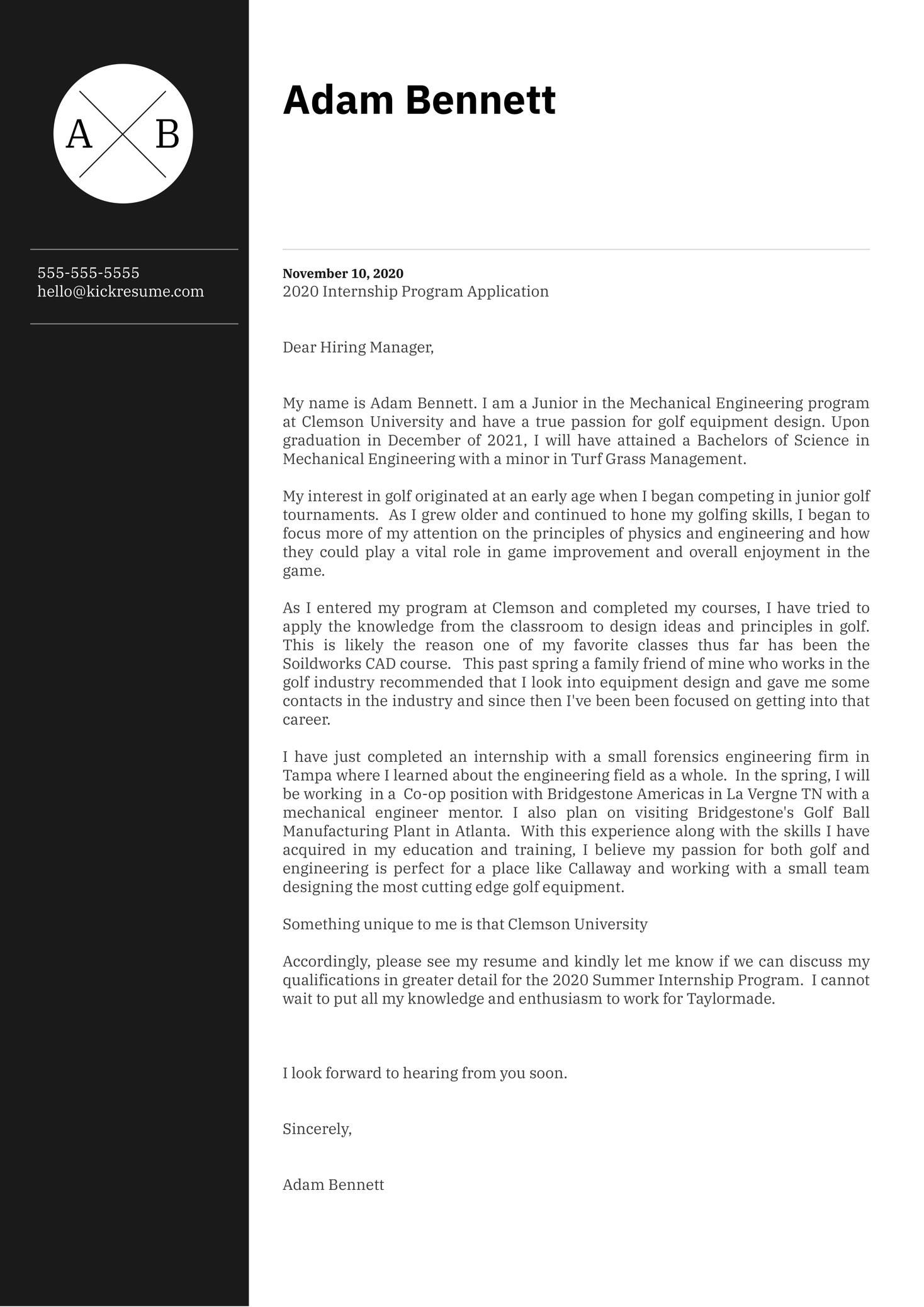 Mechanical Engineering Intern at TaylorMade Cover Letter Sample