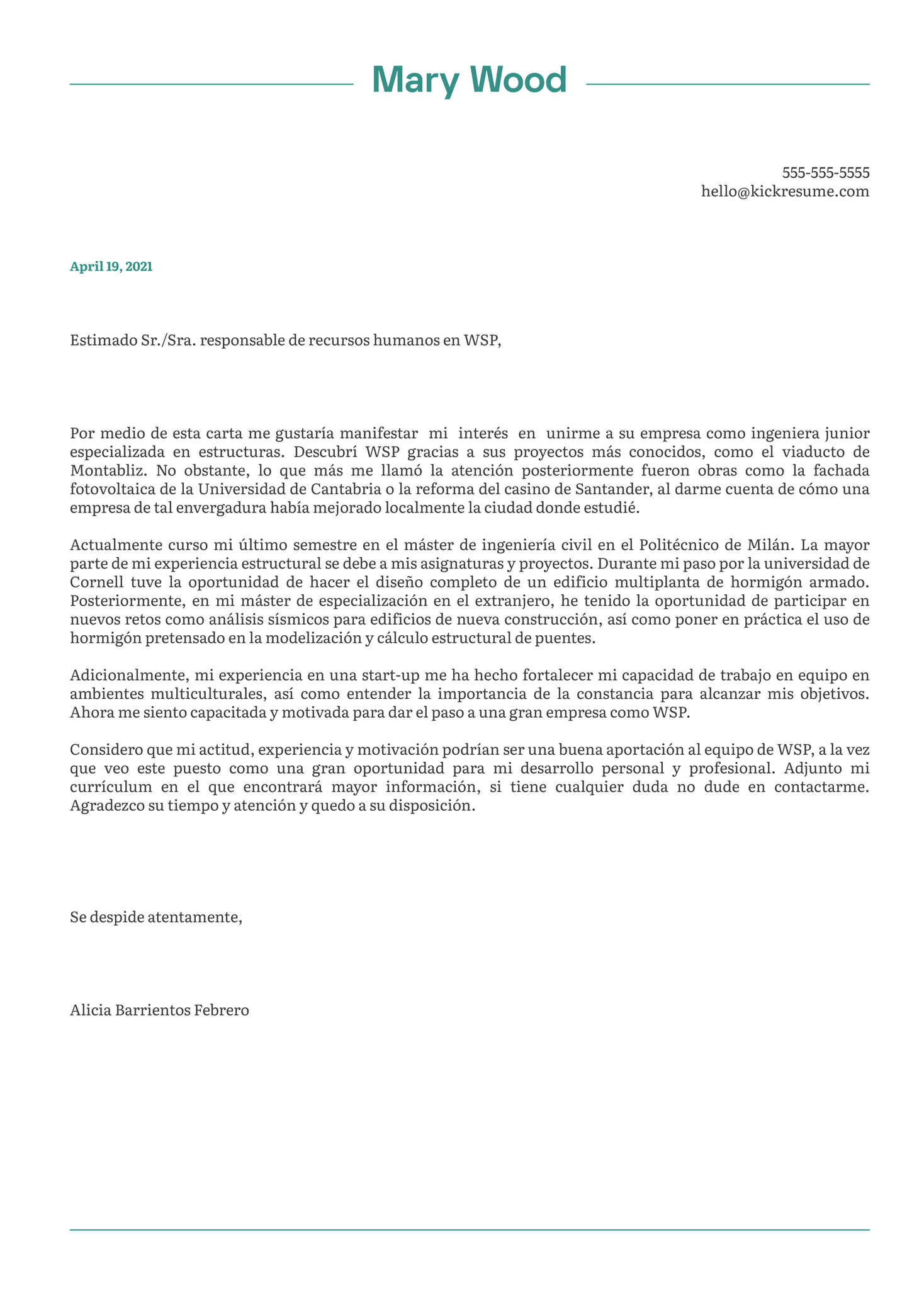 Junior Civil Engineer at WSP Cover Letter Sample [ES]