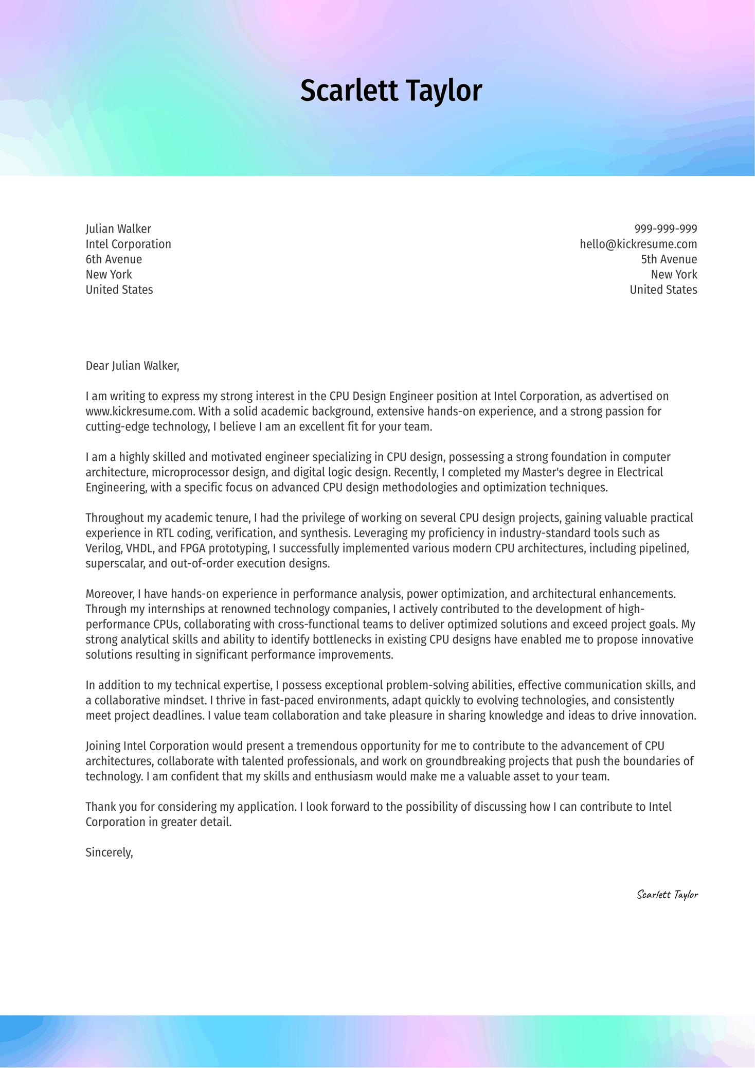 CPU Design Engineer Cover Letter Sample