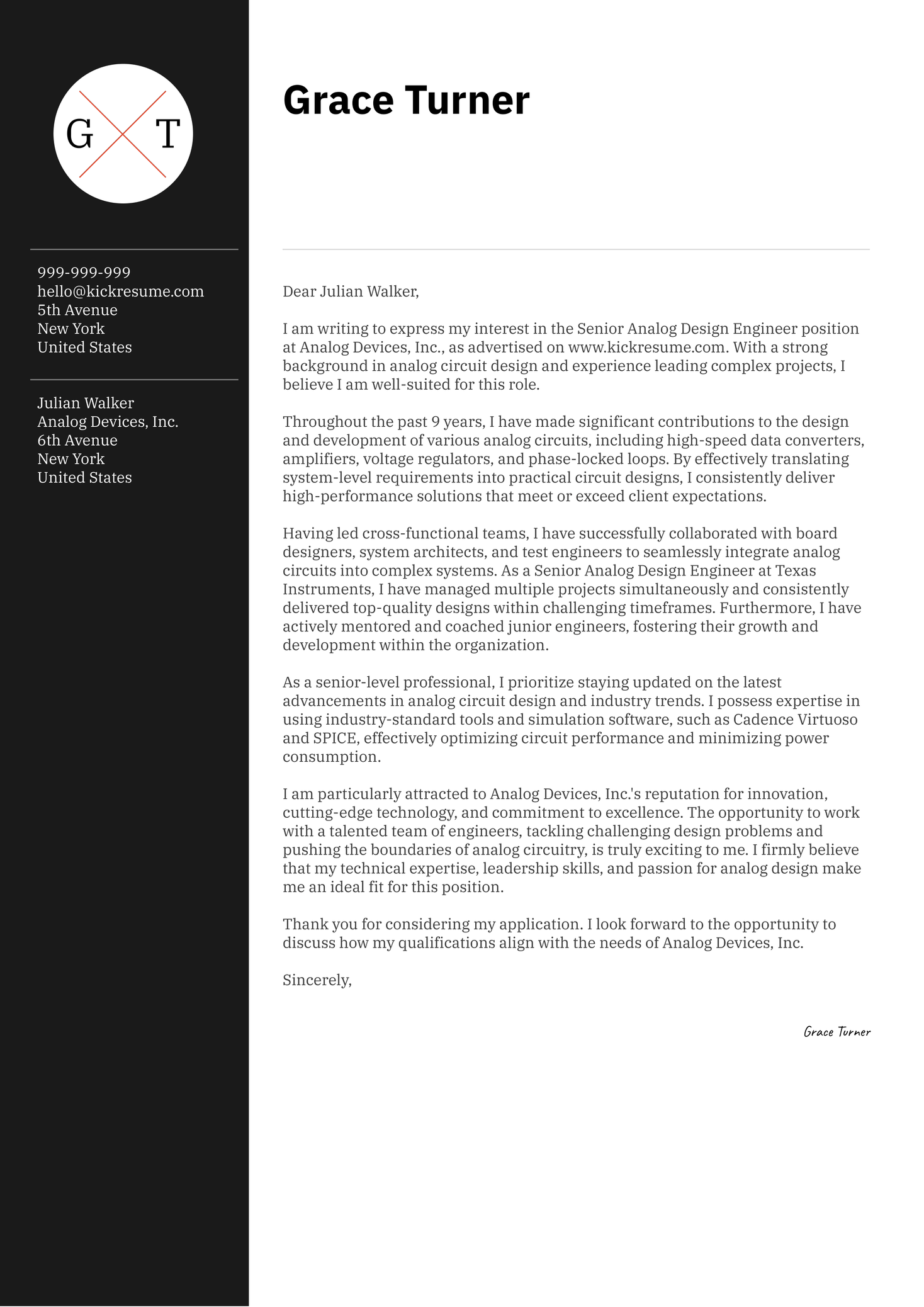 Senior Analog Design Engineer Cover Letter Sample