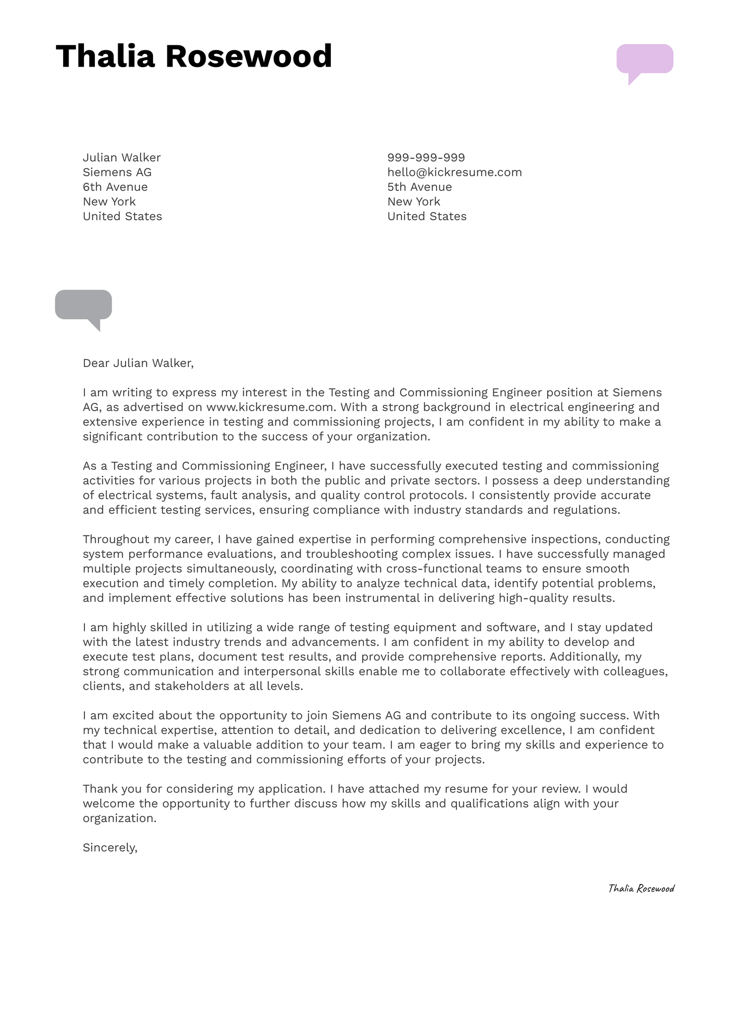 Testing and Commissioning Engineer Cover Letter Sample