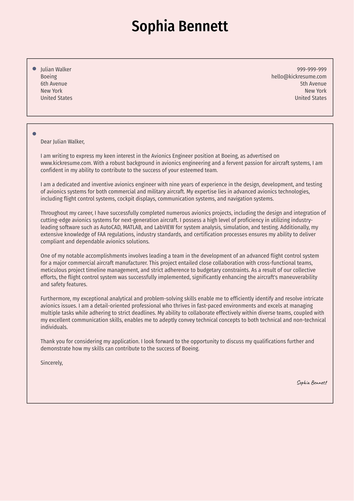 Avionics Engineer Cover Letter Sample