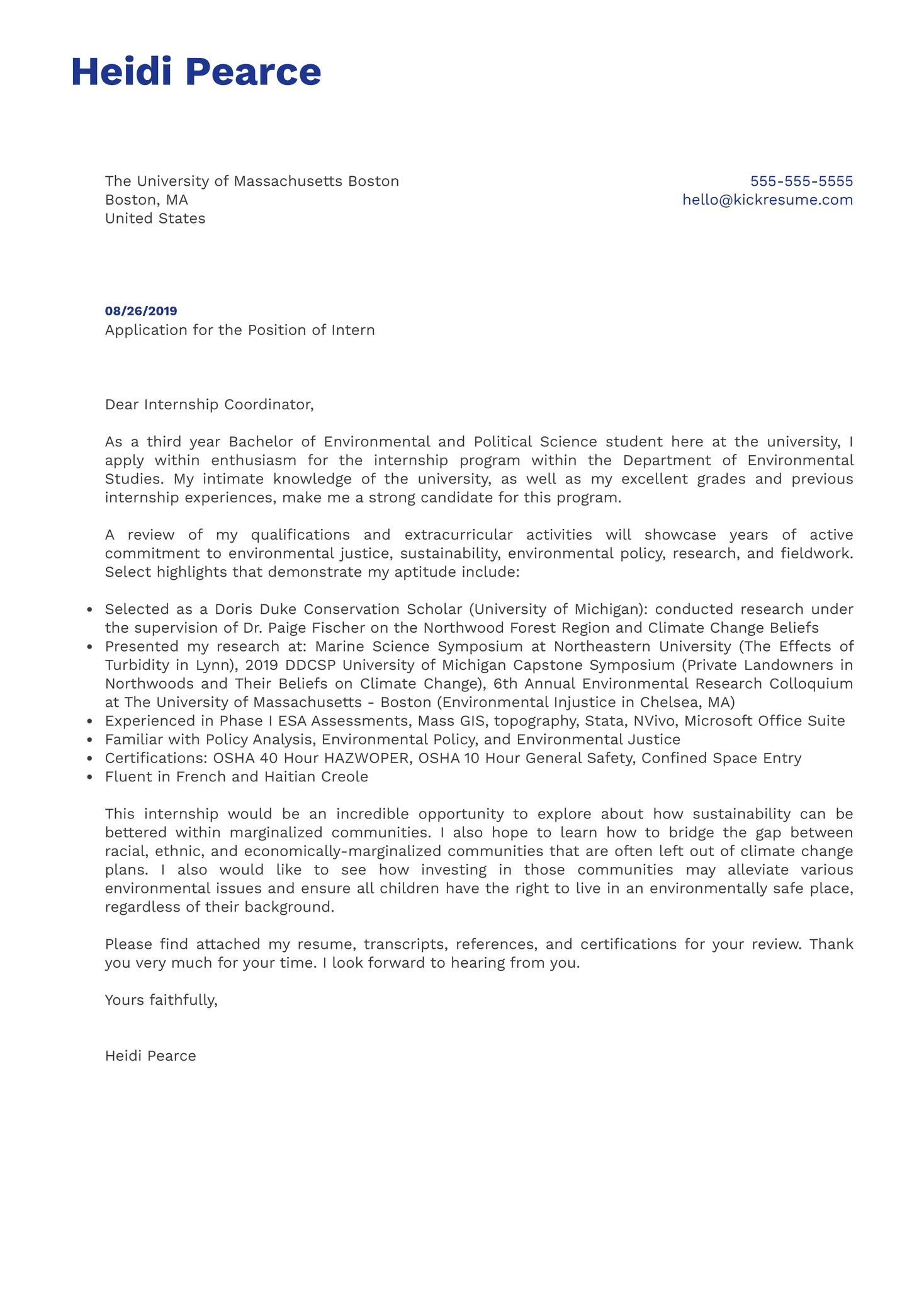 University of Massachusetts Boston Intern Cover Letter Example