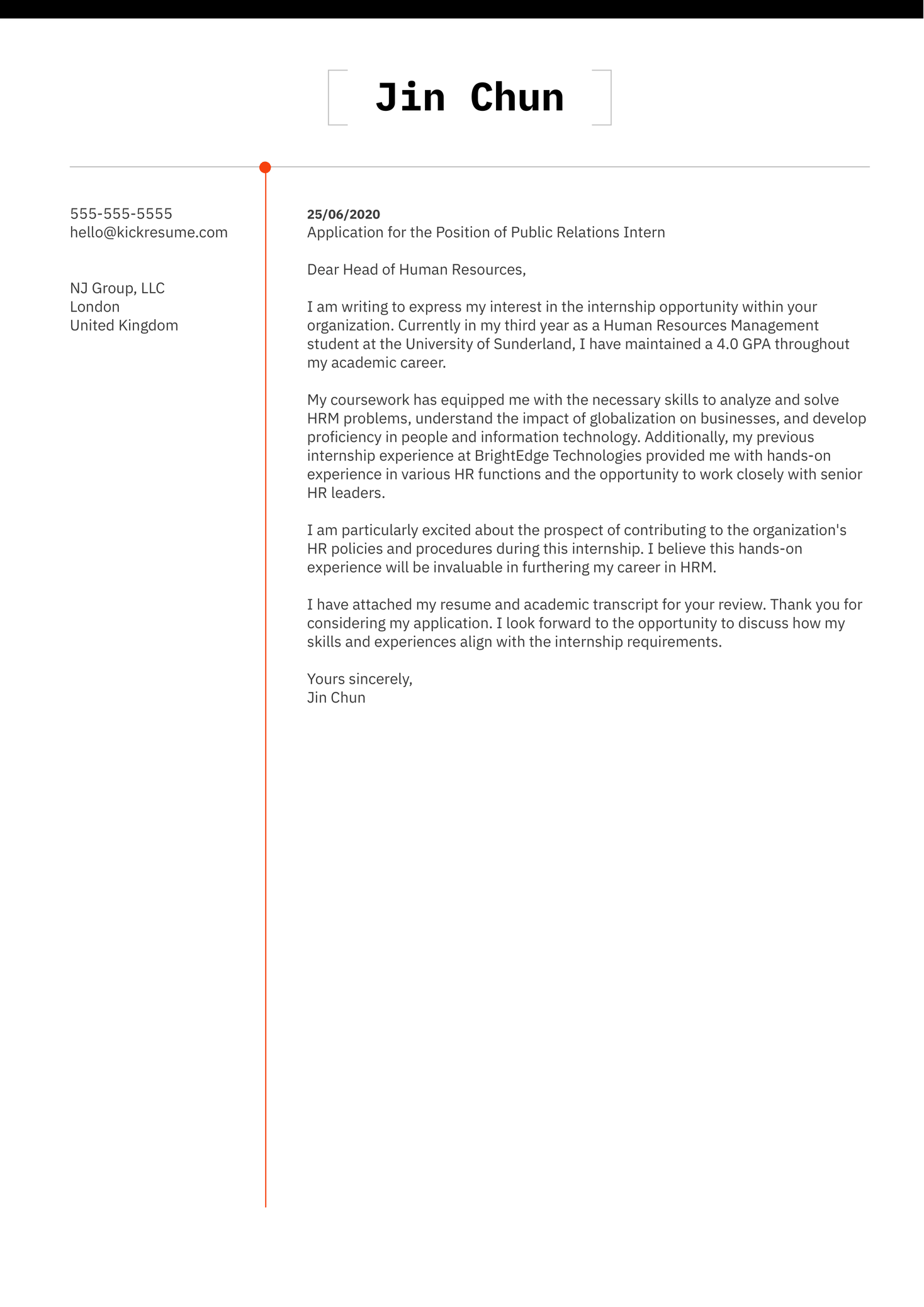 Cover Letter Example for Internship