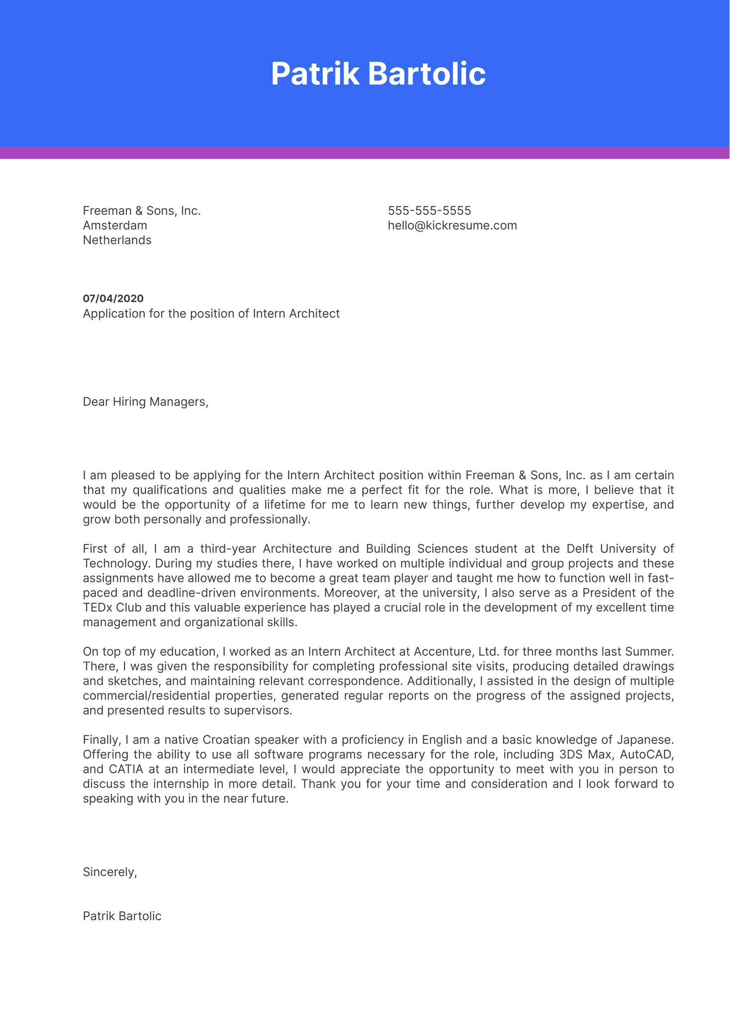 Intern Architect Cover Letter Example