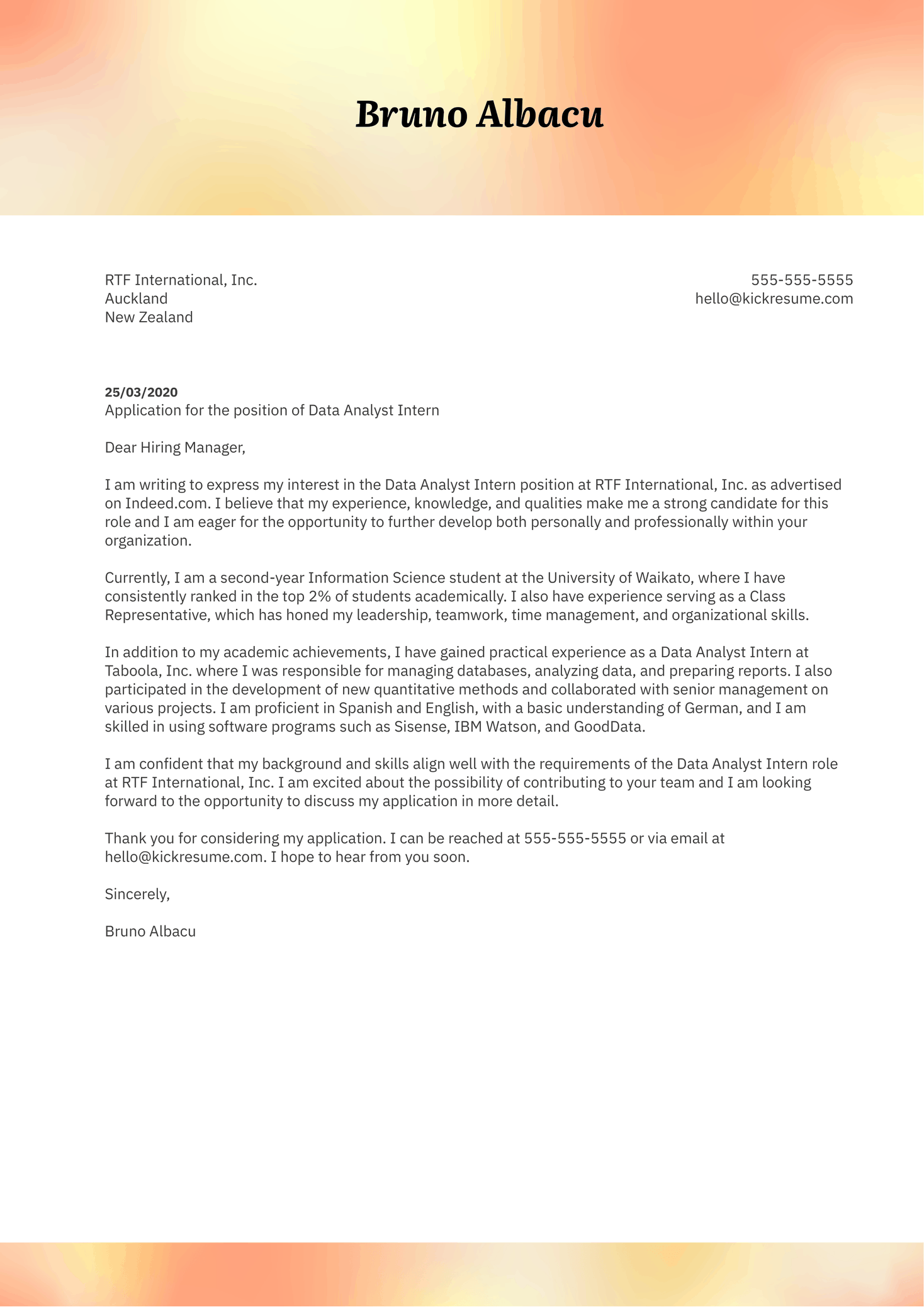 Data Analyst Intern Cover Letter Example