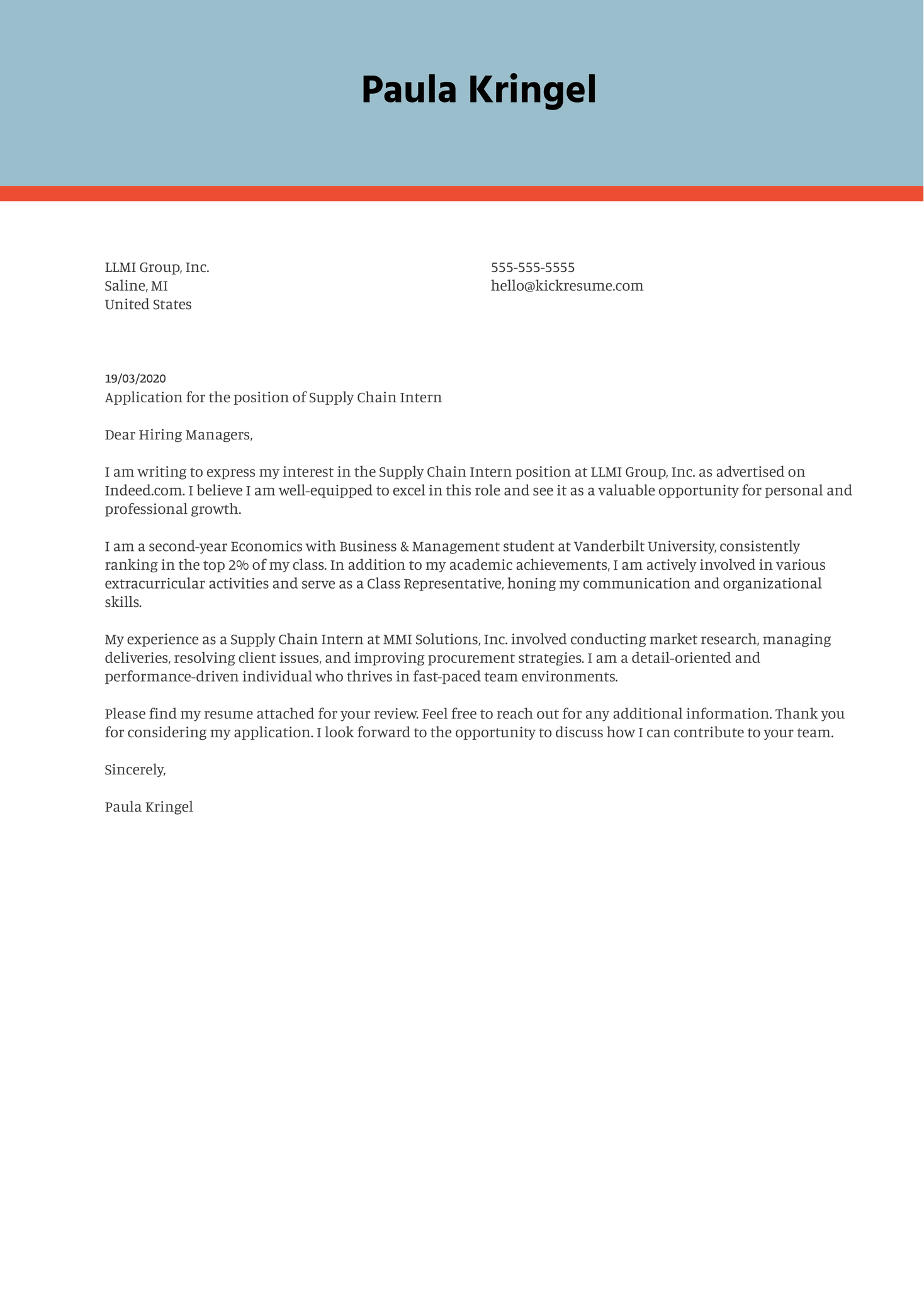 Supply Chain Internship Cover Letter Example