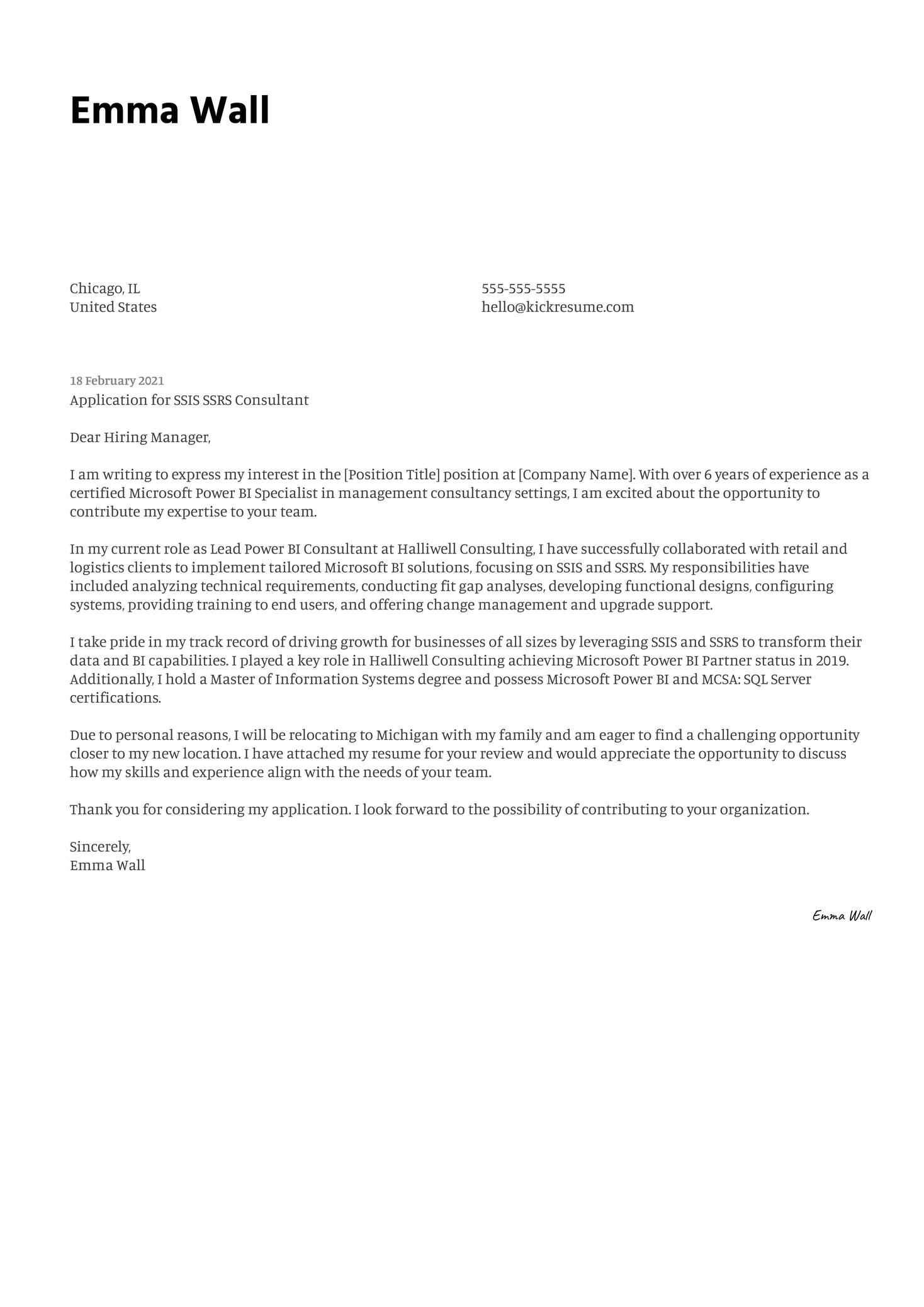 SSIS SSRS Consultant Cover Letter Sample