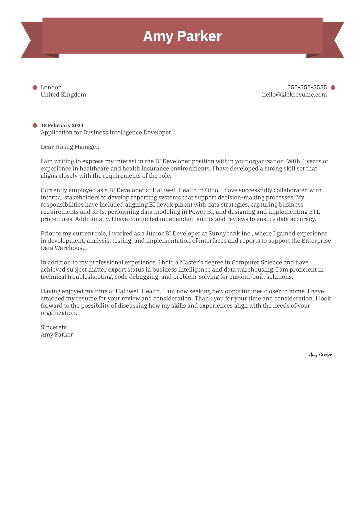 Business Intelligence Developer Cover Letter Sample