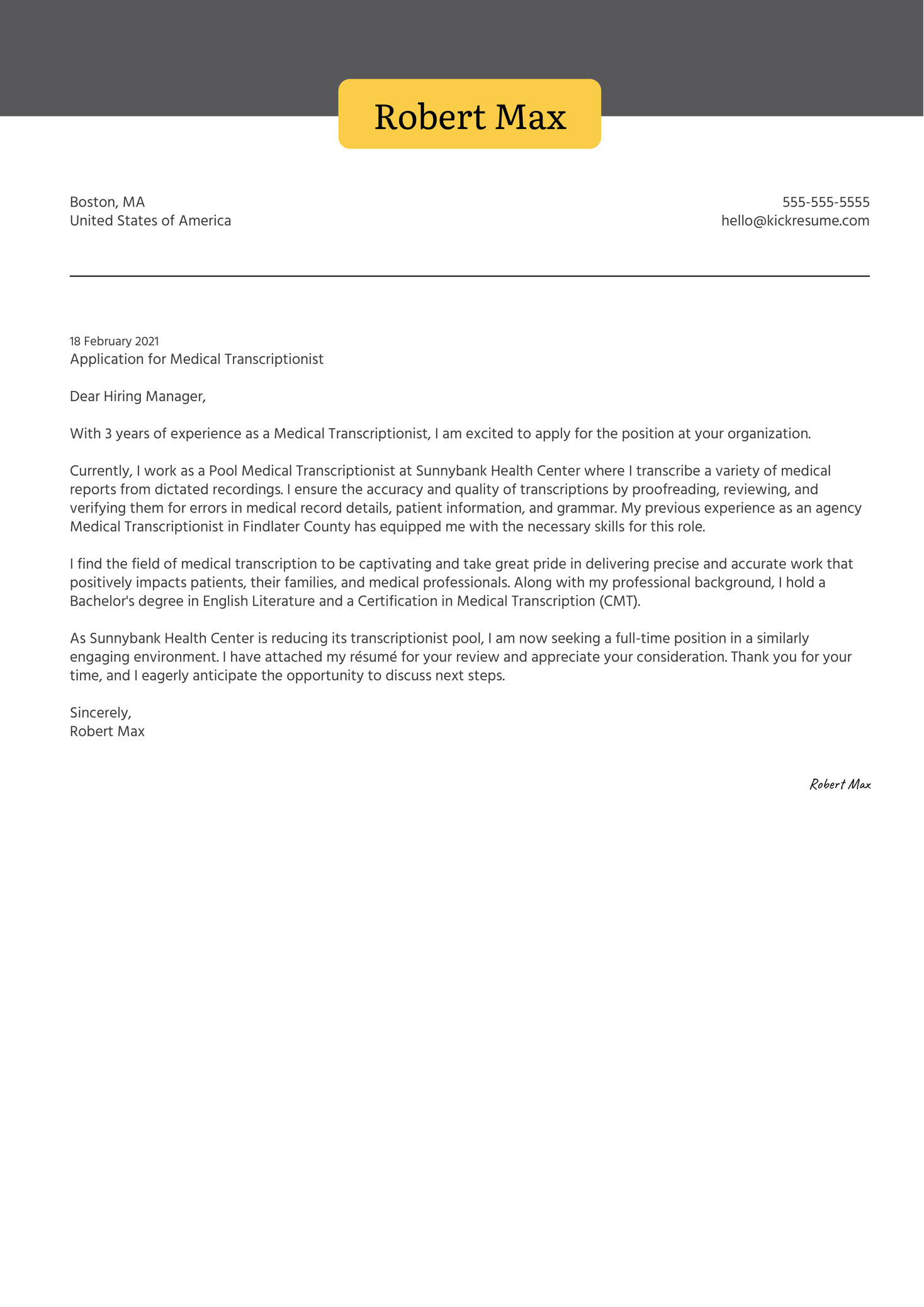 Medical Transcriptionist Cover Letter Sample