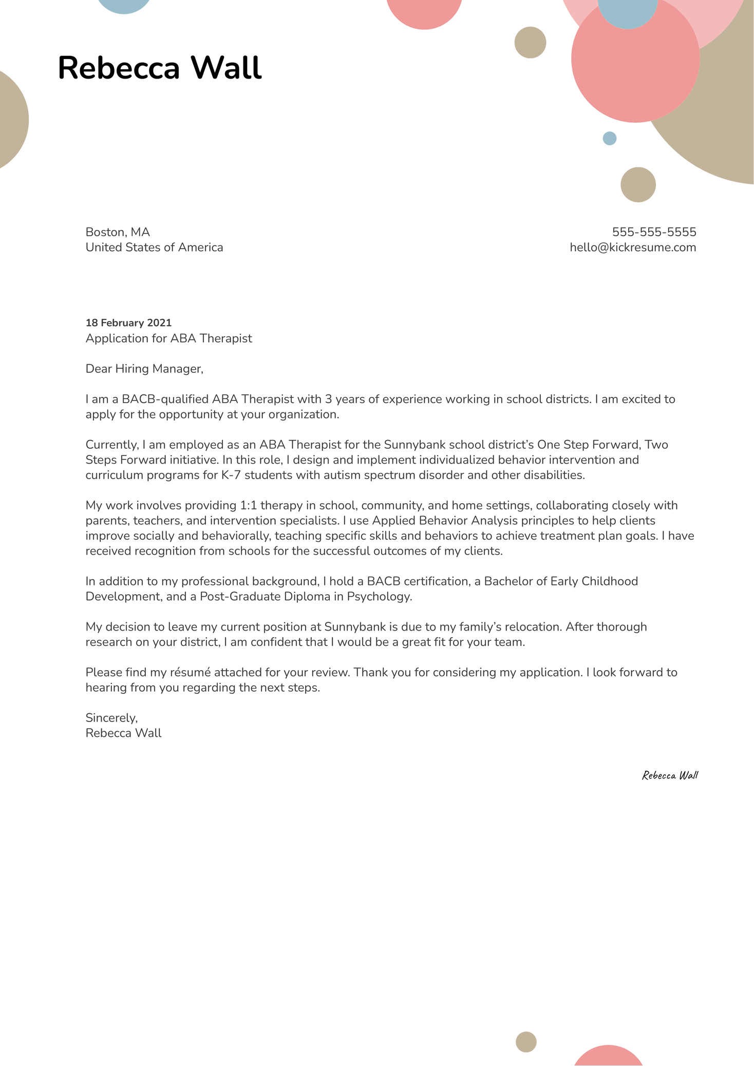 ABA Therapist Cover Letter Example