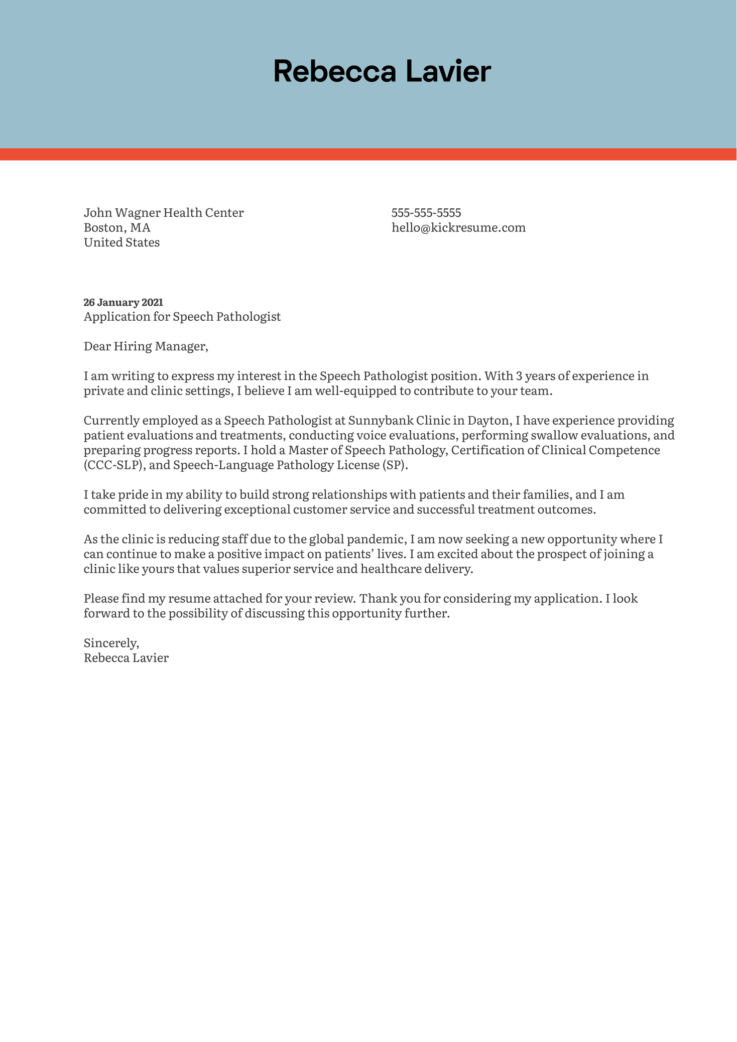 Speech Pathologist Cover Letter Template