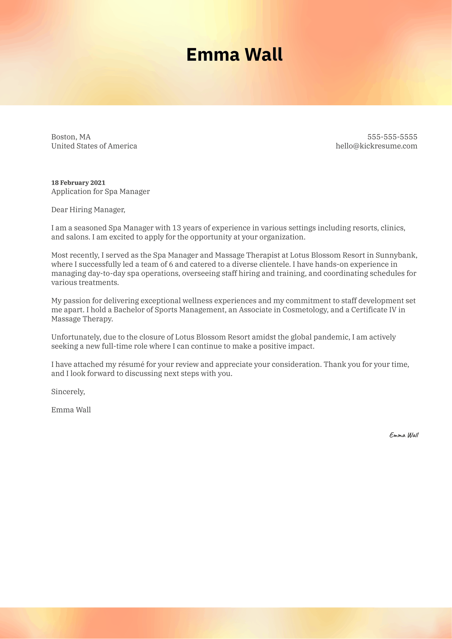 Spa Manager Cover Letter Template