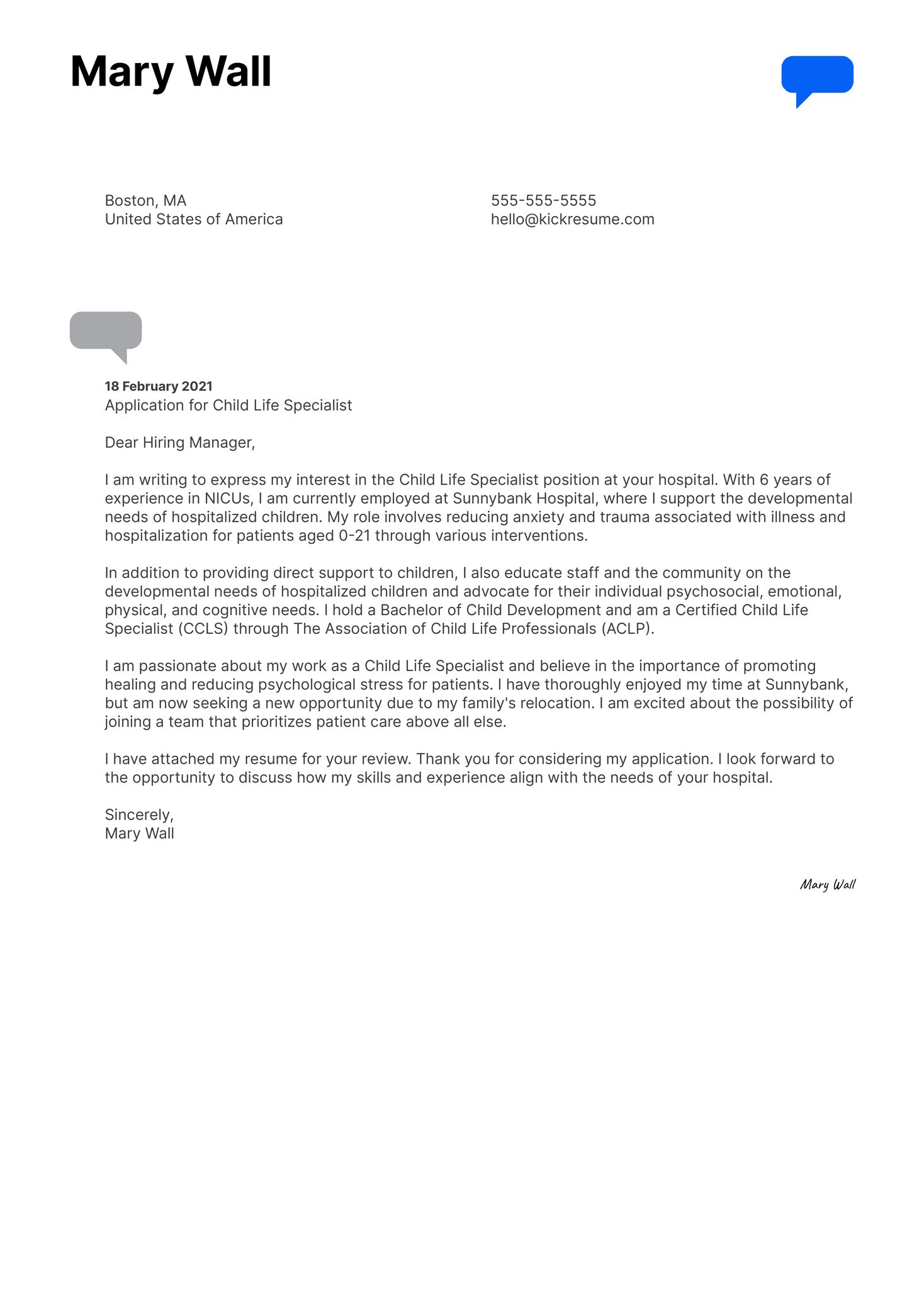 Child Life Specialist Cover Letter Example