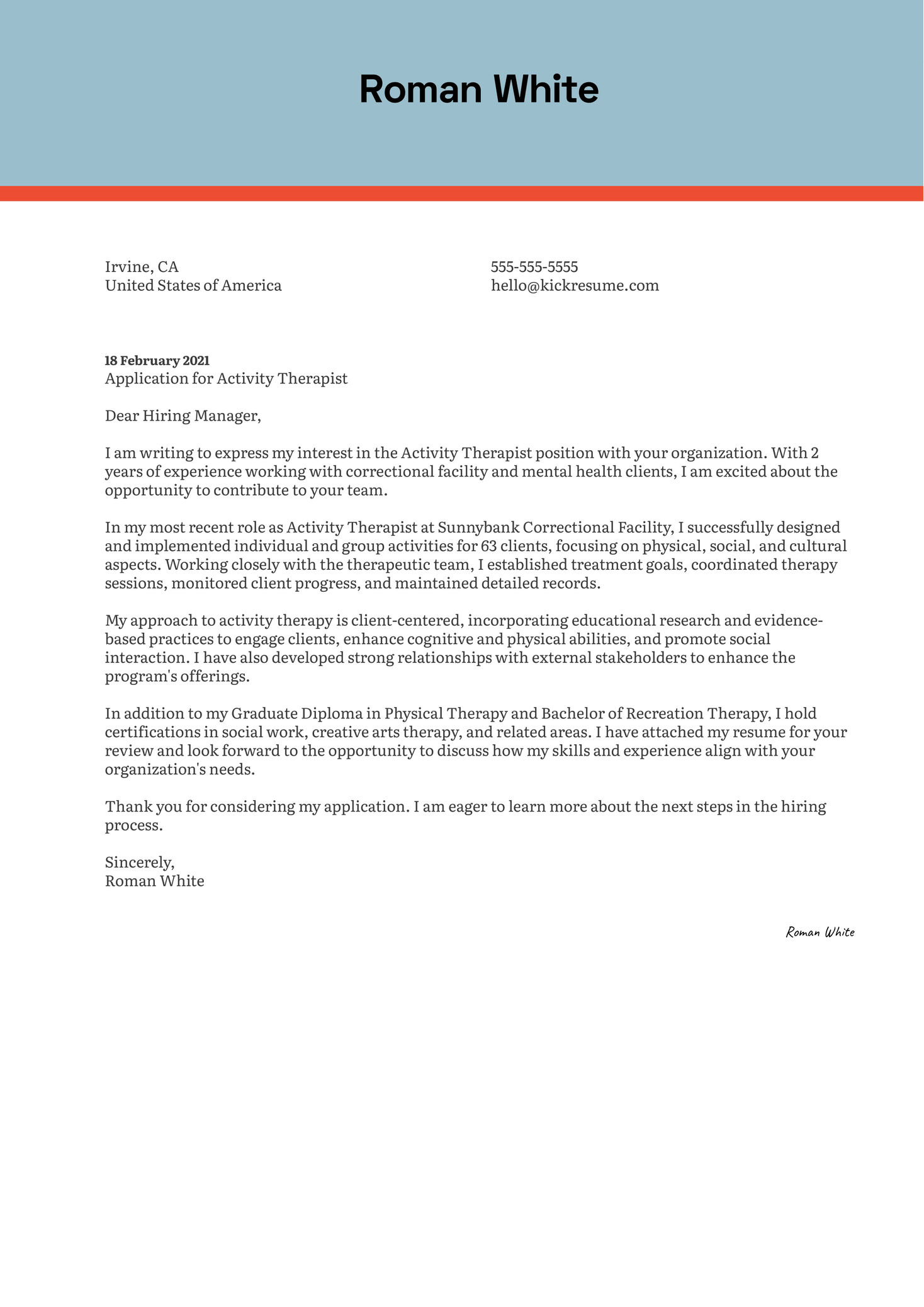 Activity Therapist Cover Letter Example