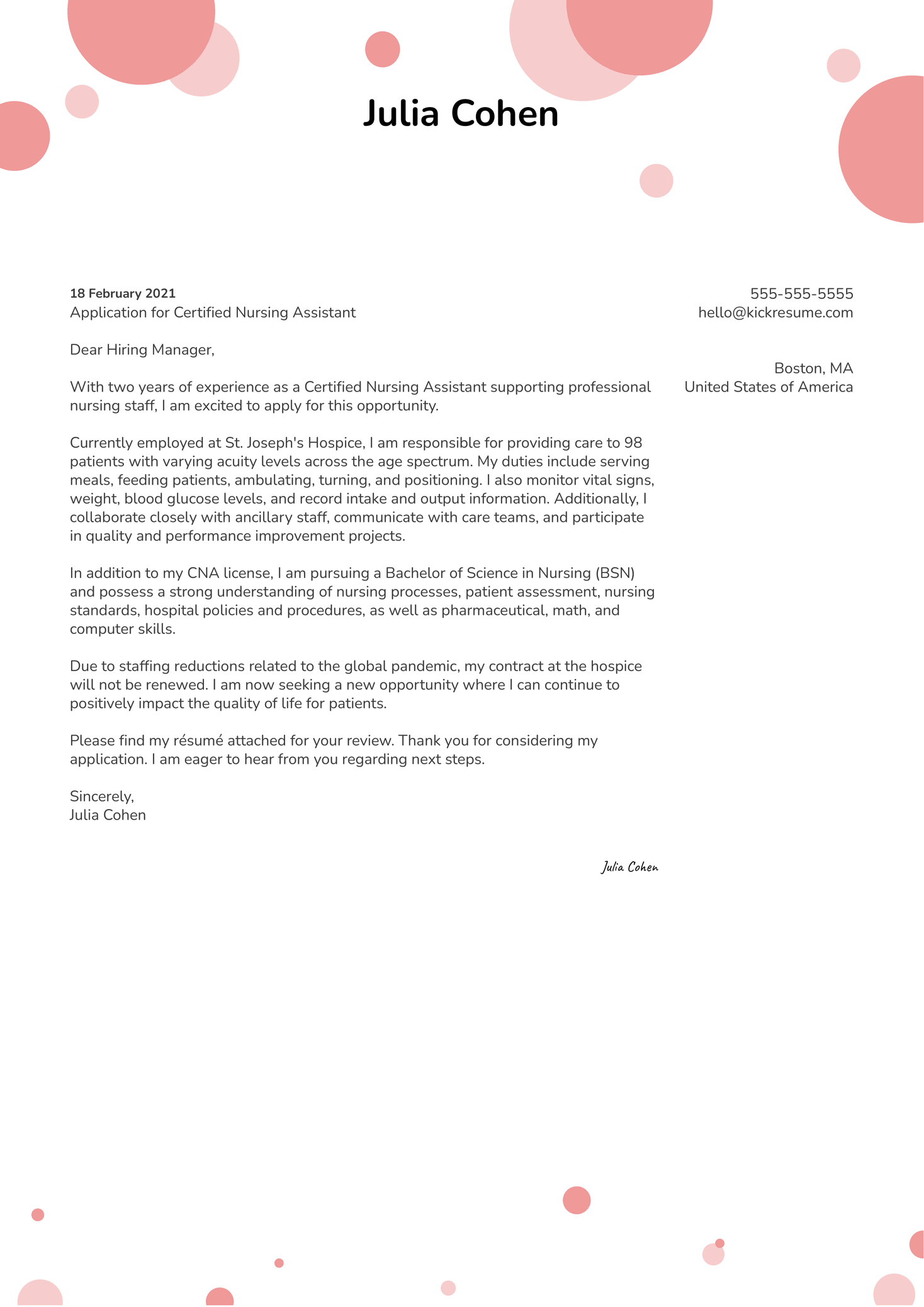 CNA Cover Letter Example