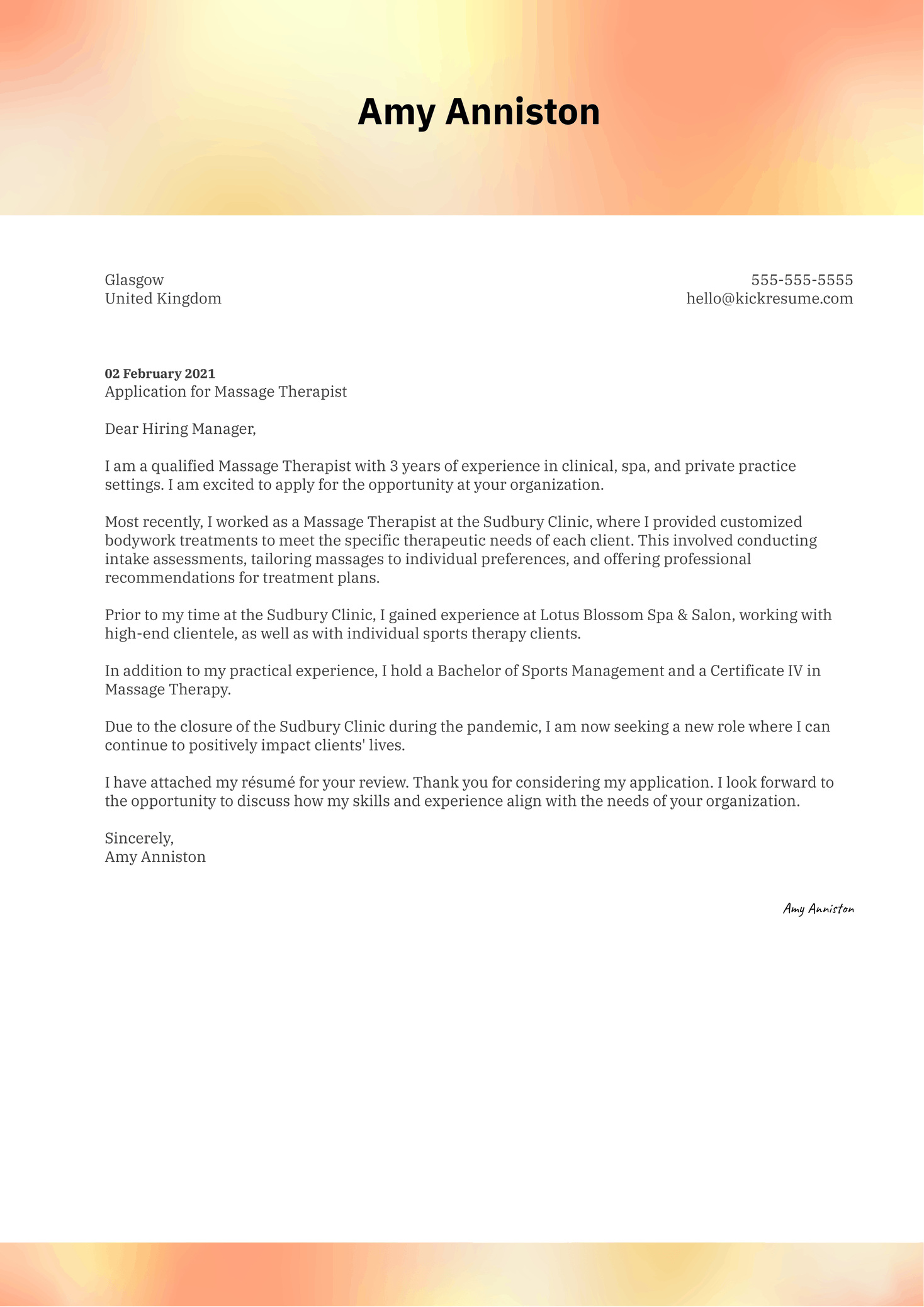 Massage Therapy Cover Letter Example