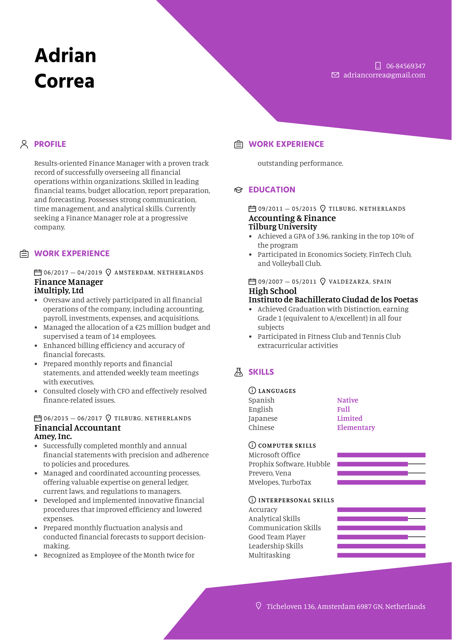 Finance Manager Resume Sample