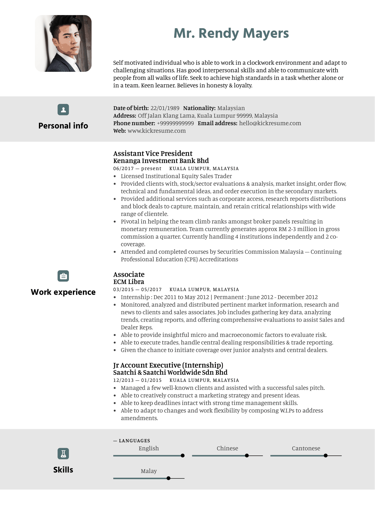 Kenanga Assistant Vice President Resume Sample