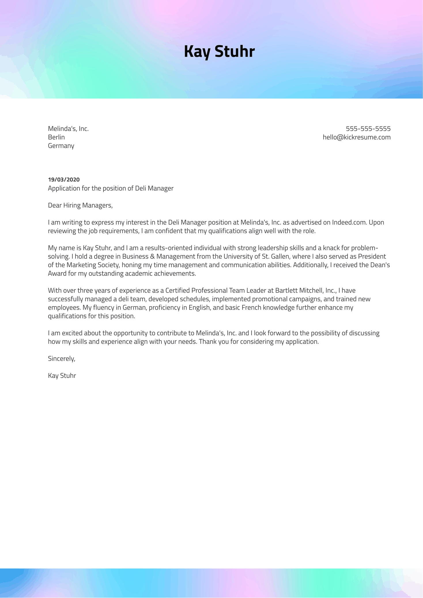 Deli Manager Cover Letter Template