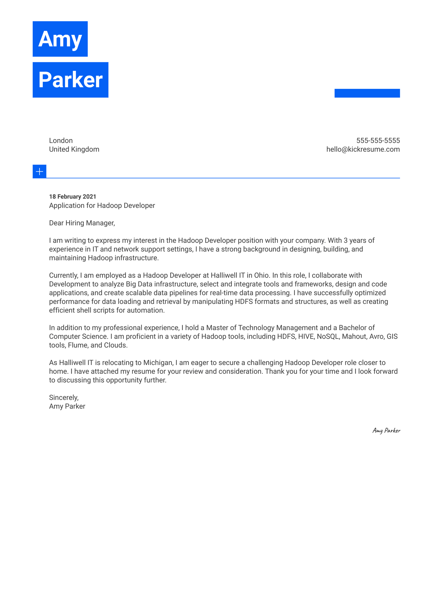 Hadoop Developer Cover Letter Template