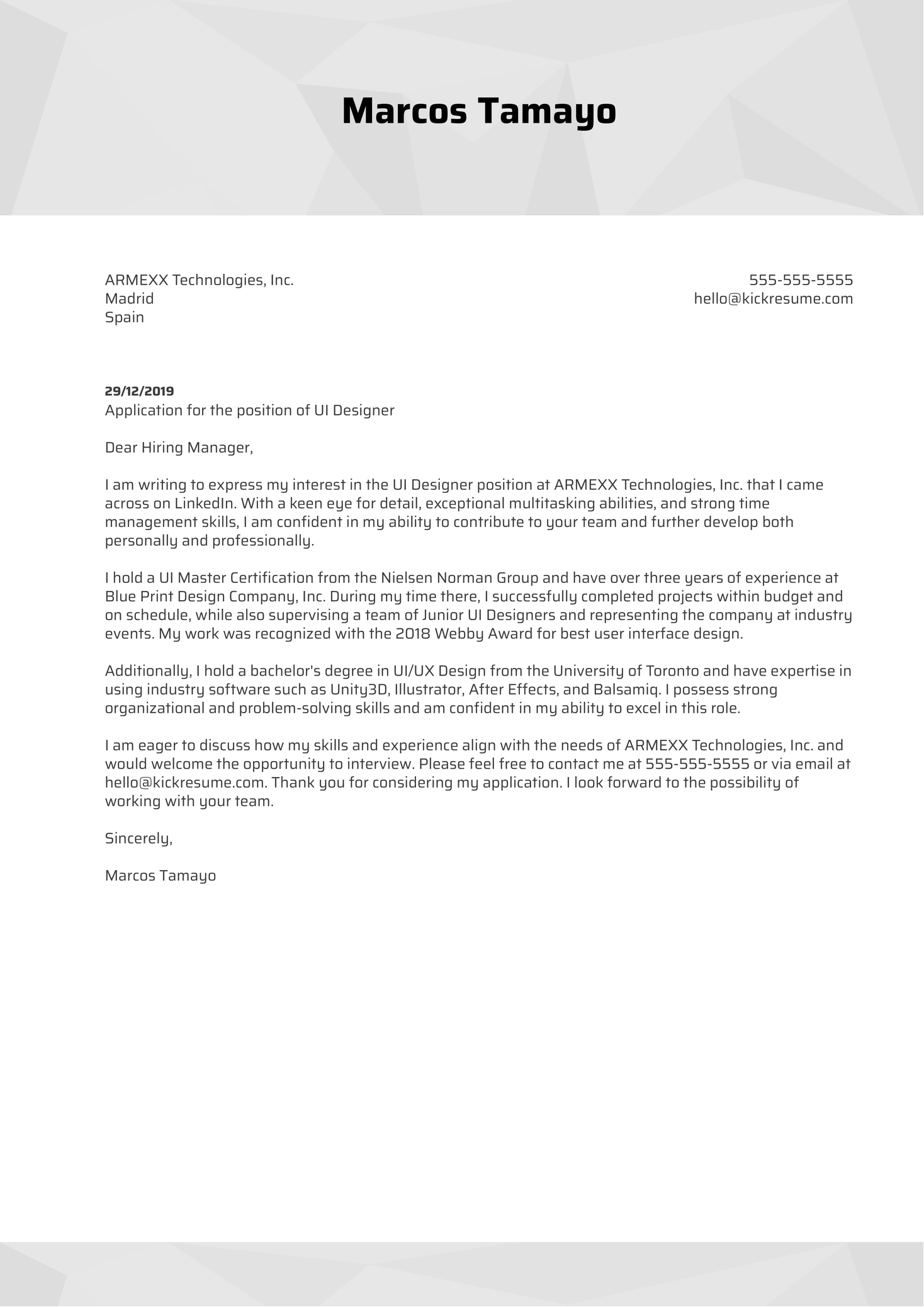 UI Designer Cover Letter Sample