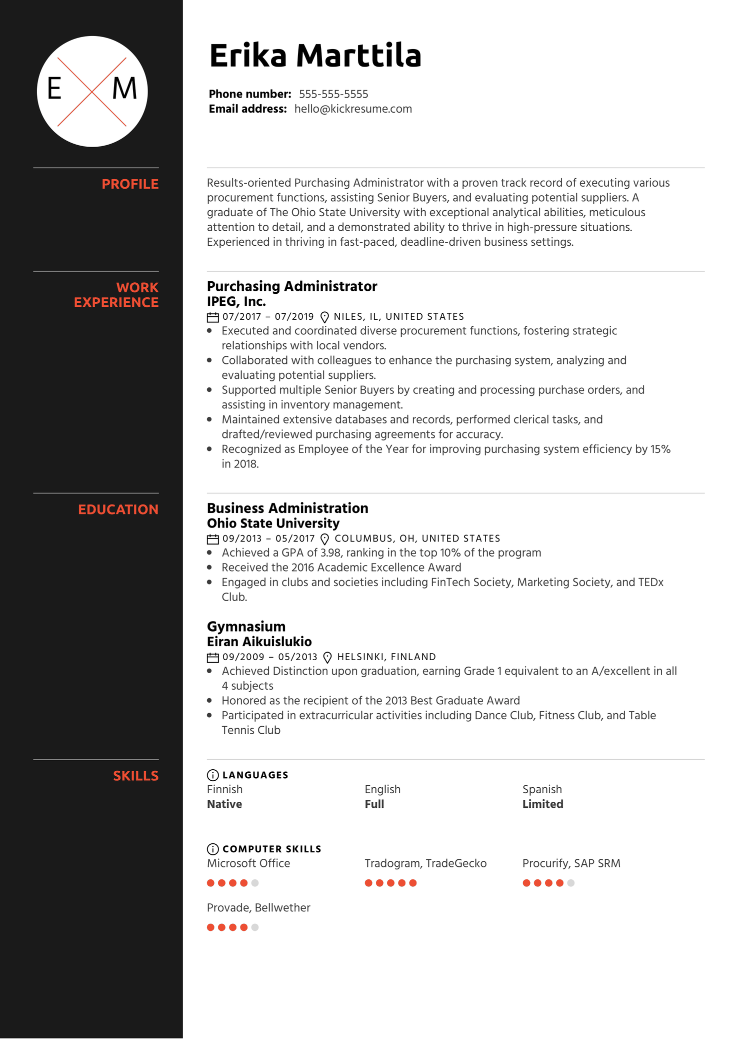 Purchasing Administrator Resume Example