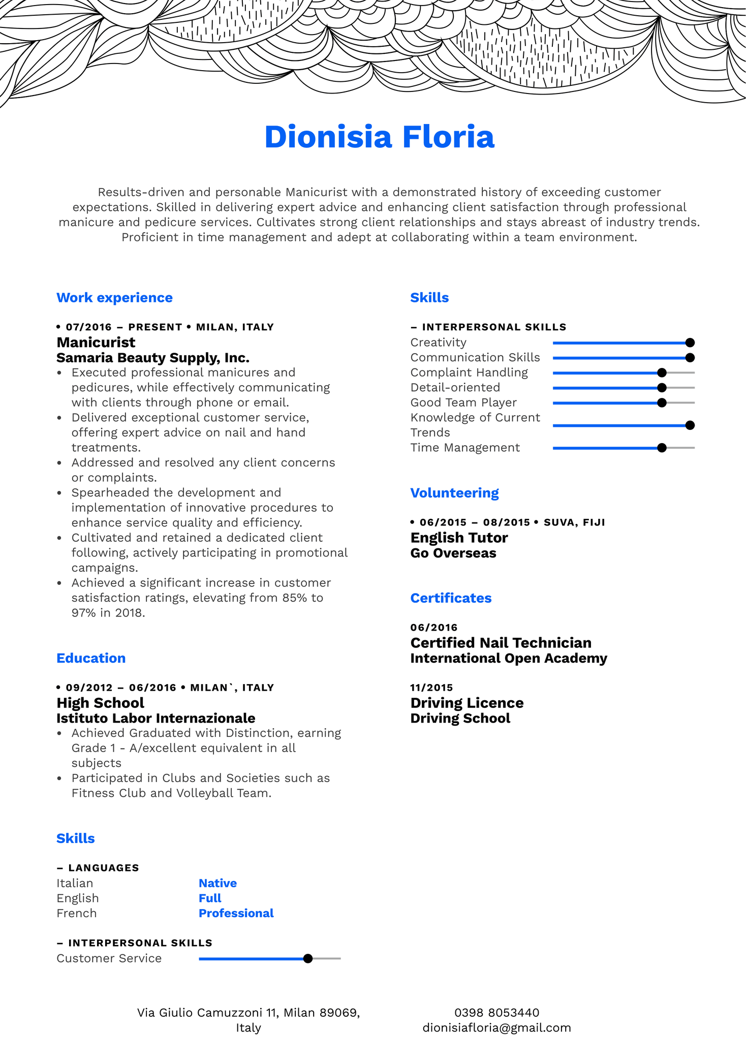 Manicurist Resume Sample