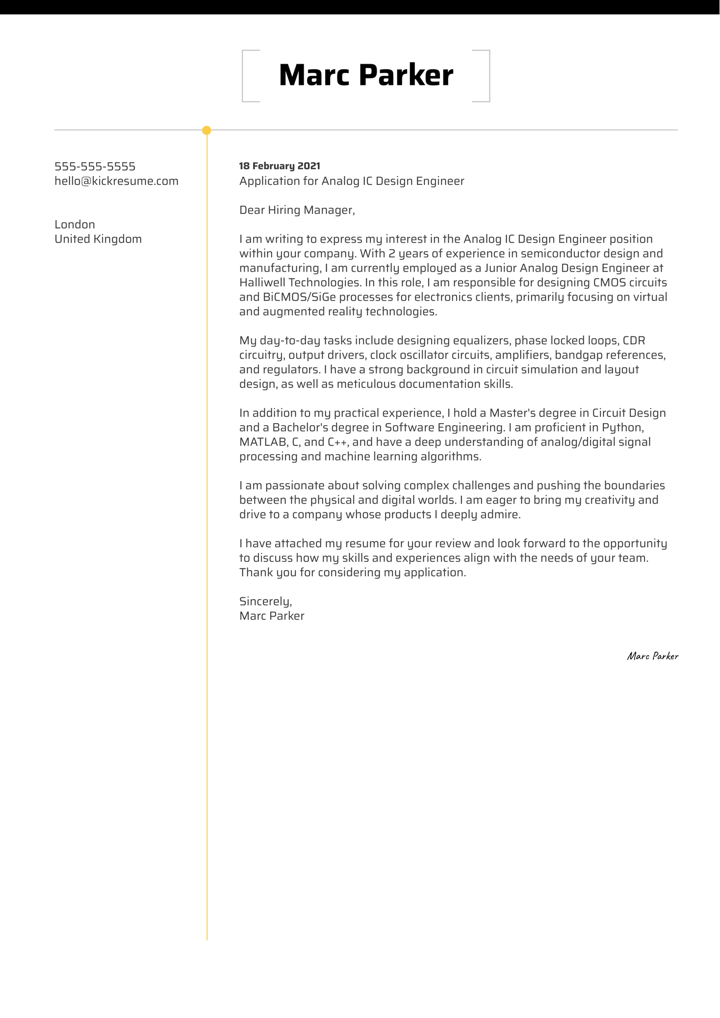 Analog IC Design Engineer Cover Letter Sample