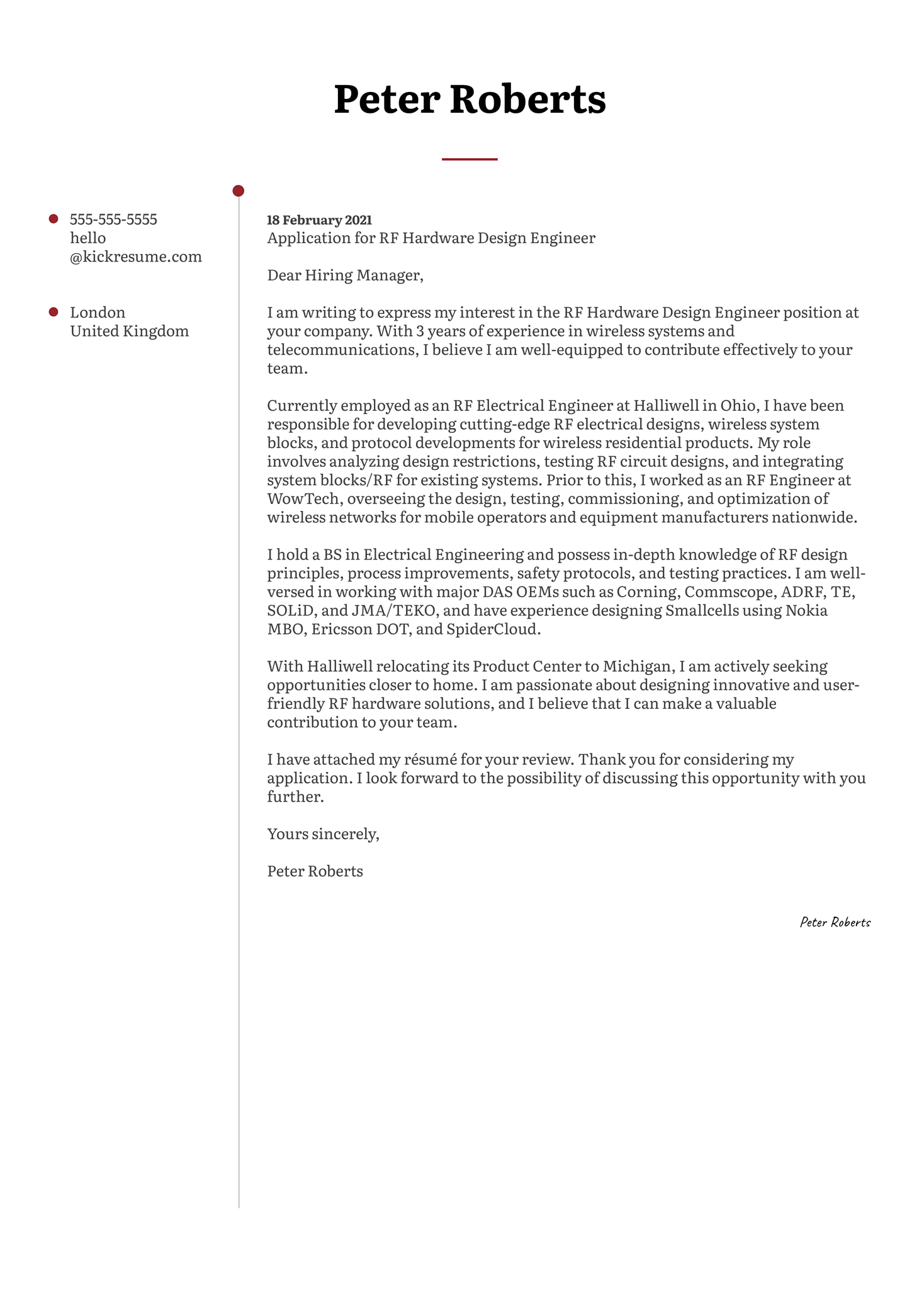 RF Hardware Design Engineer Cover Letter Sample