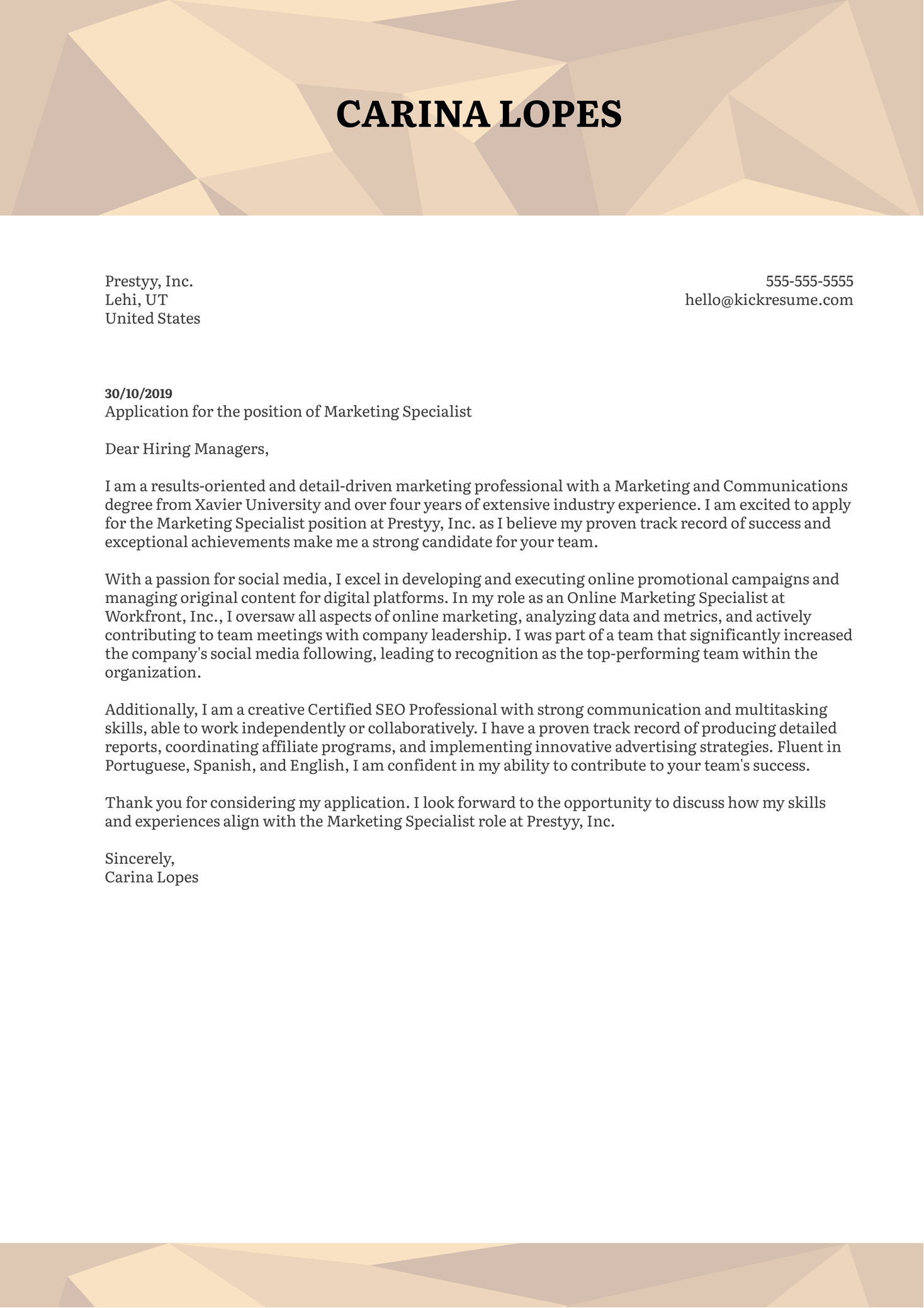 Marketing Specialist Cover Letter Template