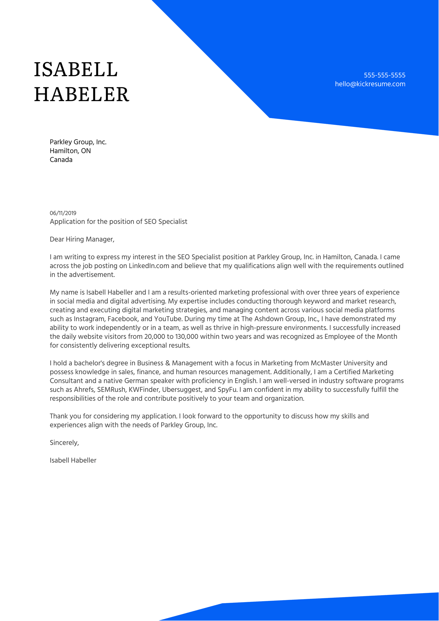 SEO Specialist Cover Letter Sample