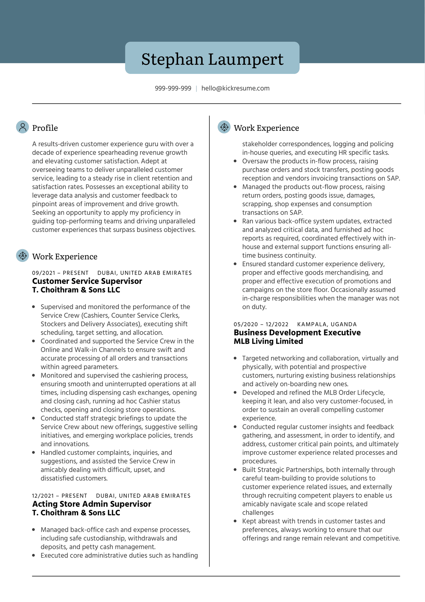 Customer Service Supervisor at T. Choithram and Sons LLC Resume Sample