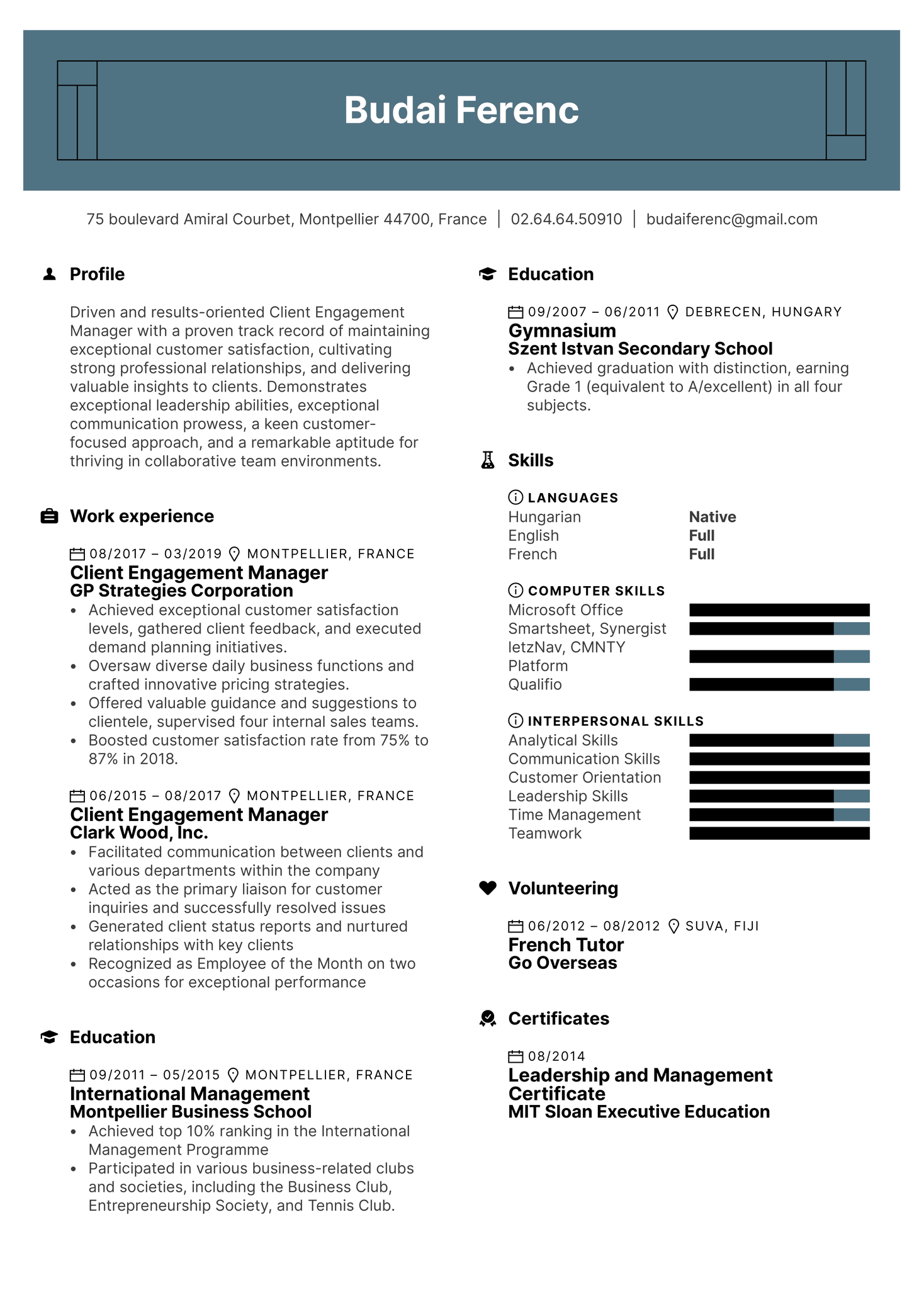 Client Engagement Manager Resume Sample