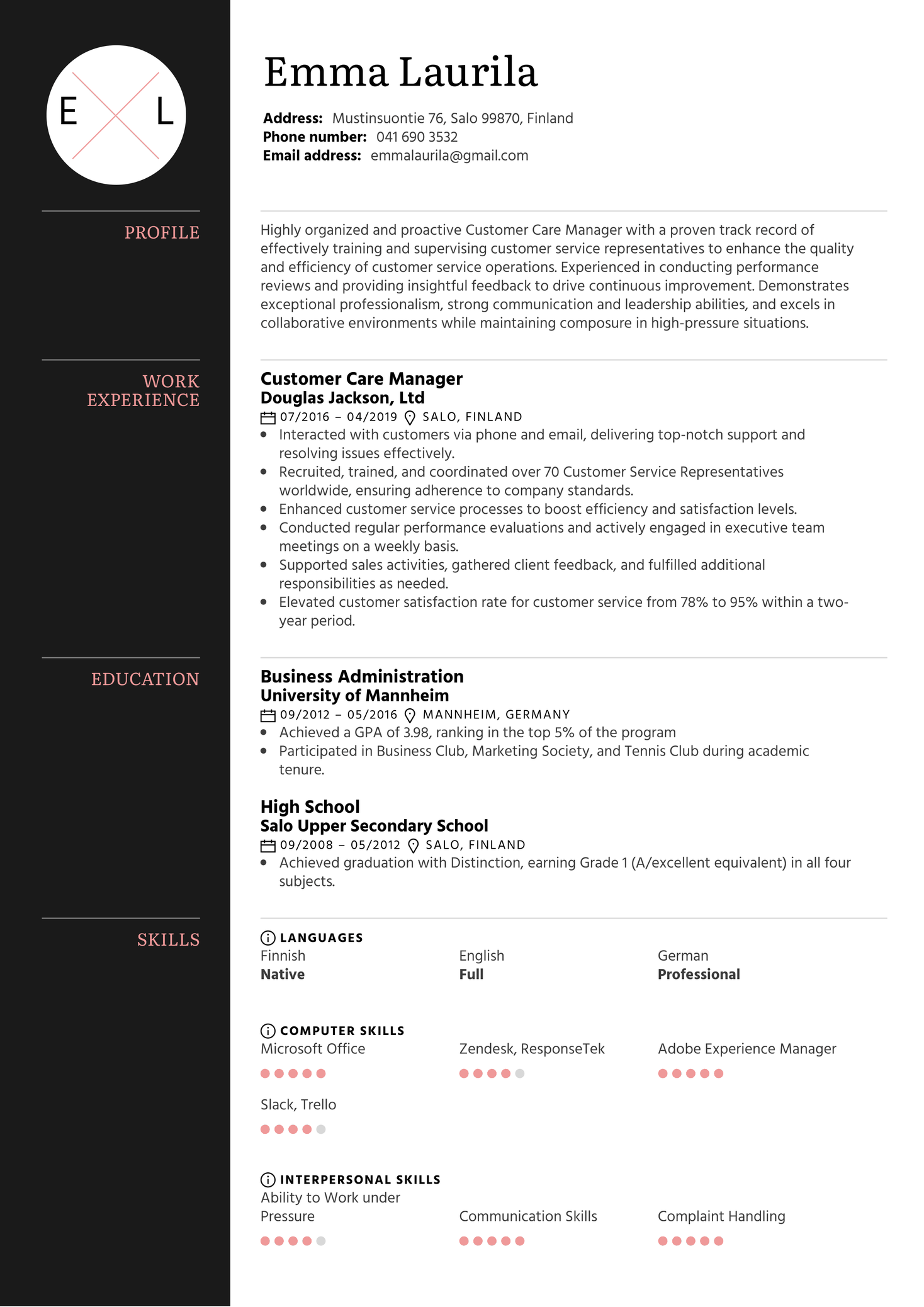 Customer Care Manager Resume Sample