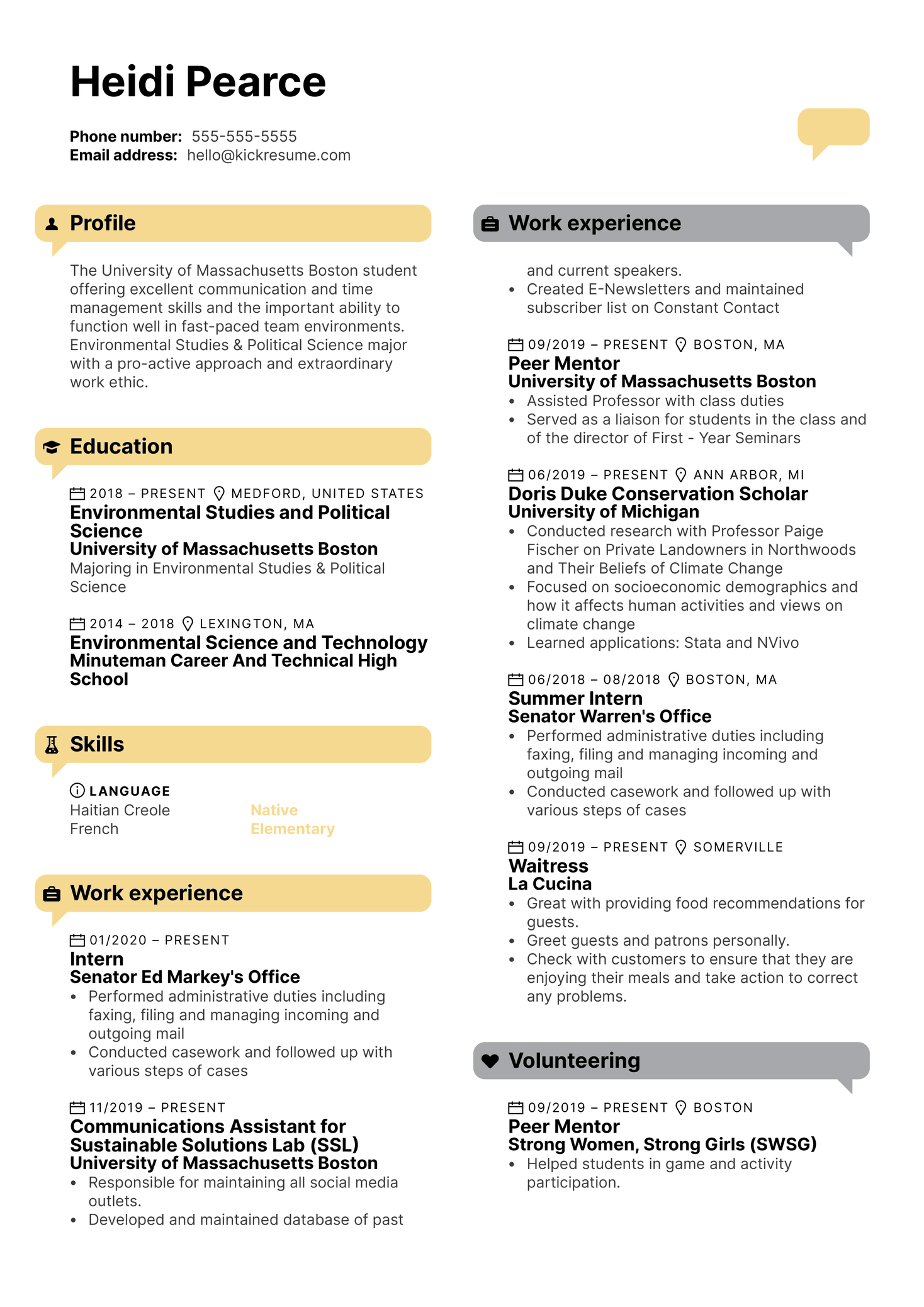 University of Massachusetts Boston Intern Resume Example