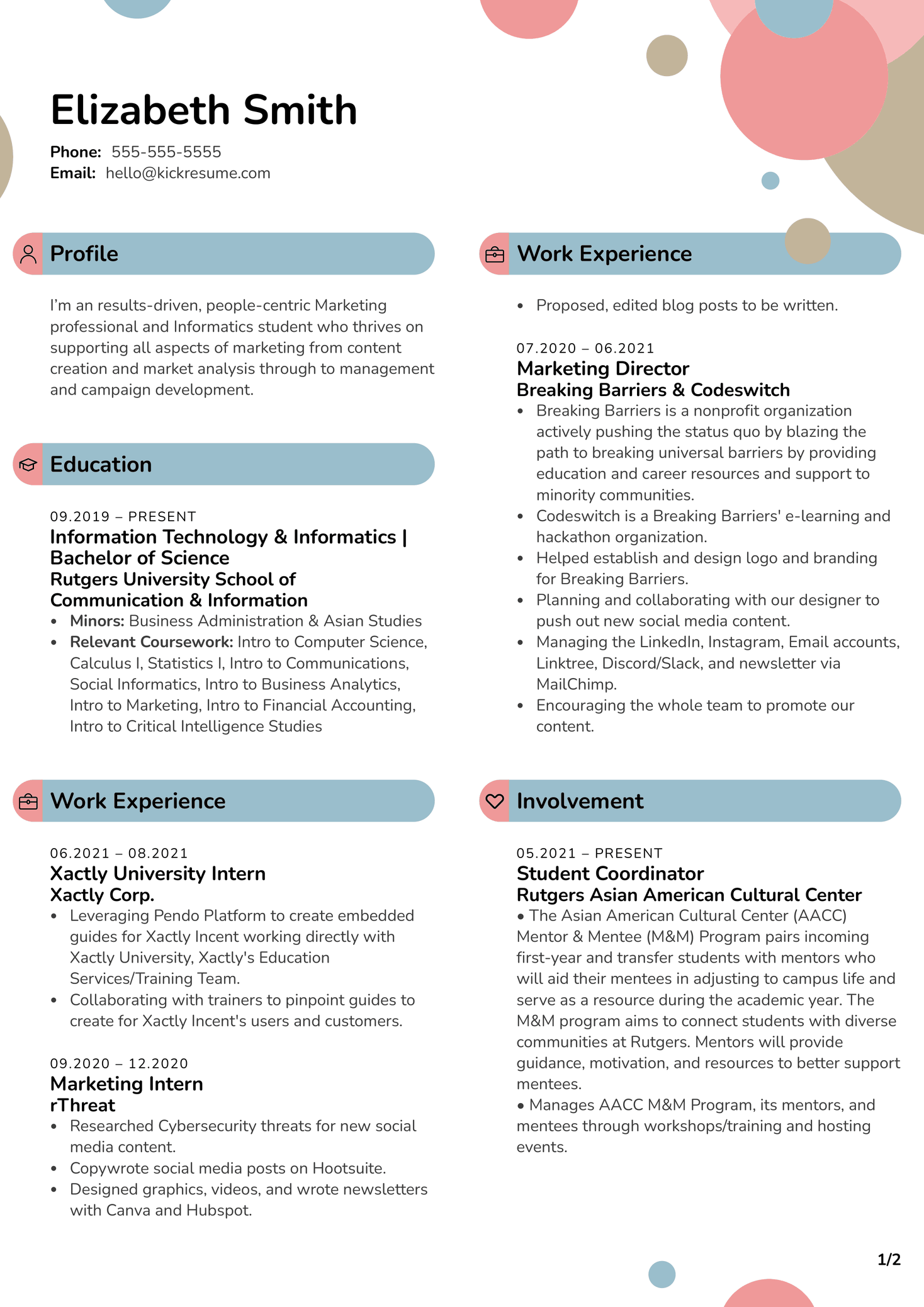 Intern at Xactly Corporation Resume Sample