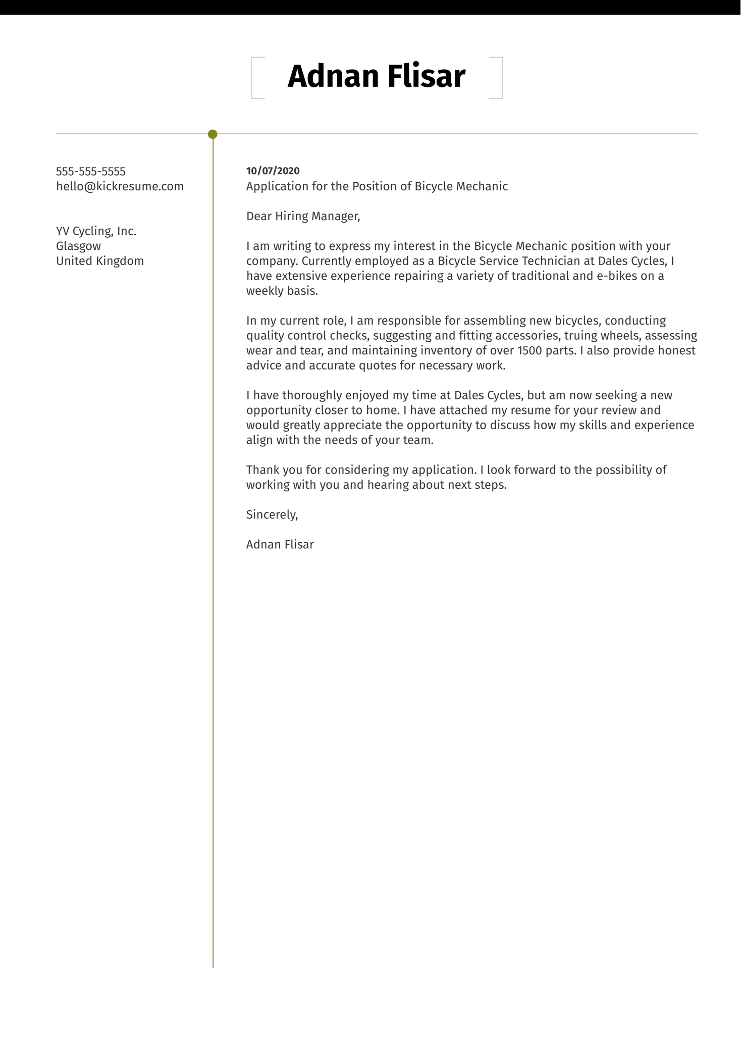 Bicycle Mechanic Cover Letter Example