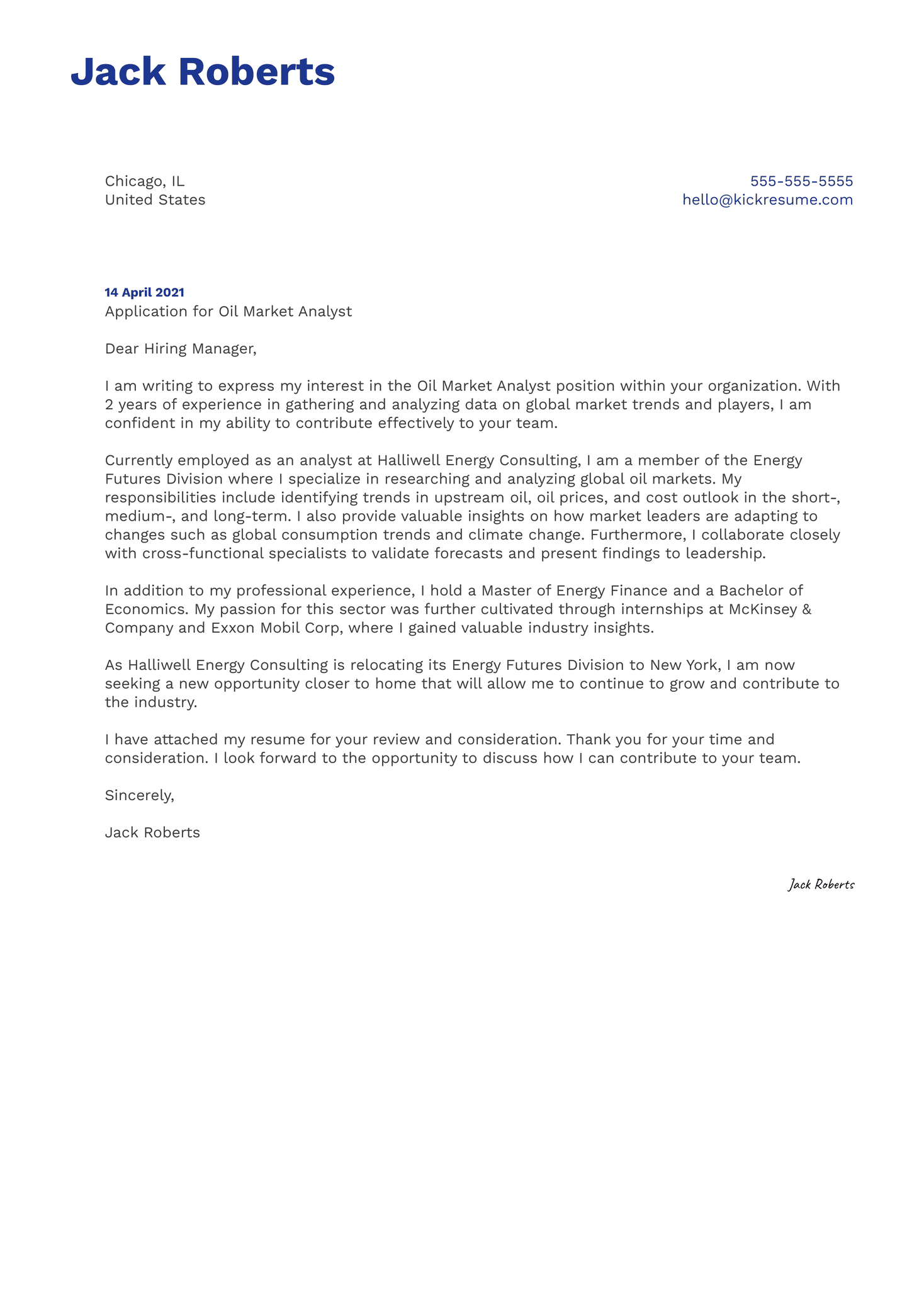 Oil Market Analyst Cover Letter Example