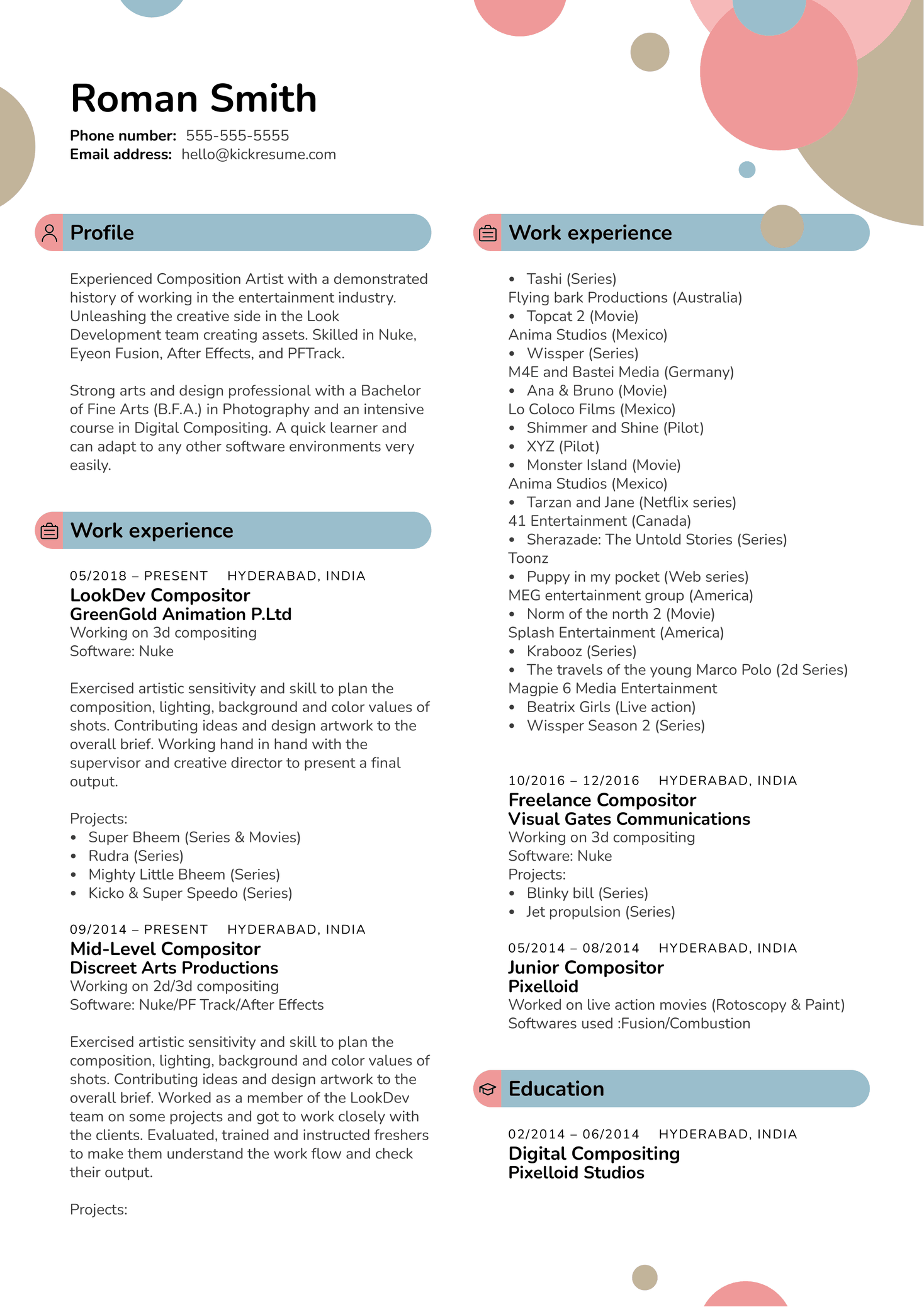 Compositor at Greengold Animation Resume Sample